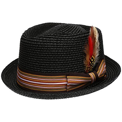Men's Premium Straw Porkpie Fedora Hat Small/Medium Black