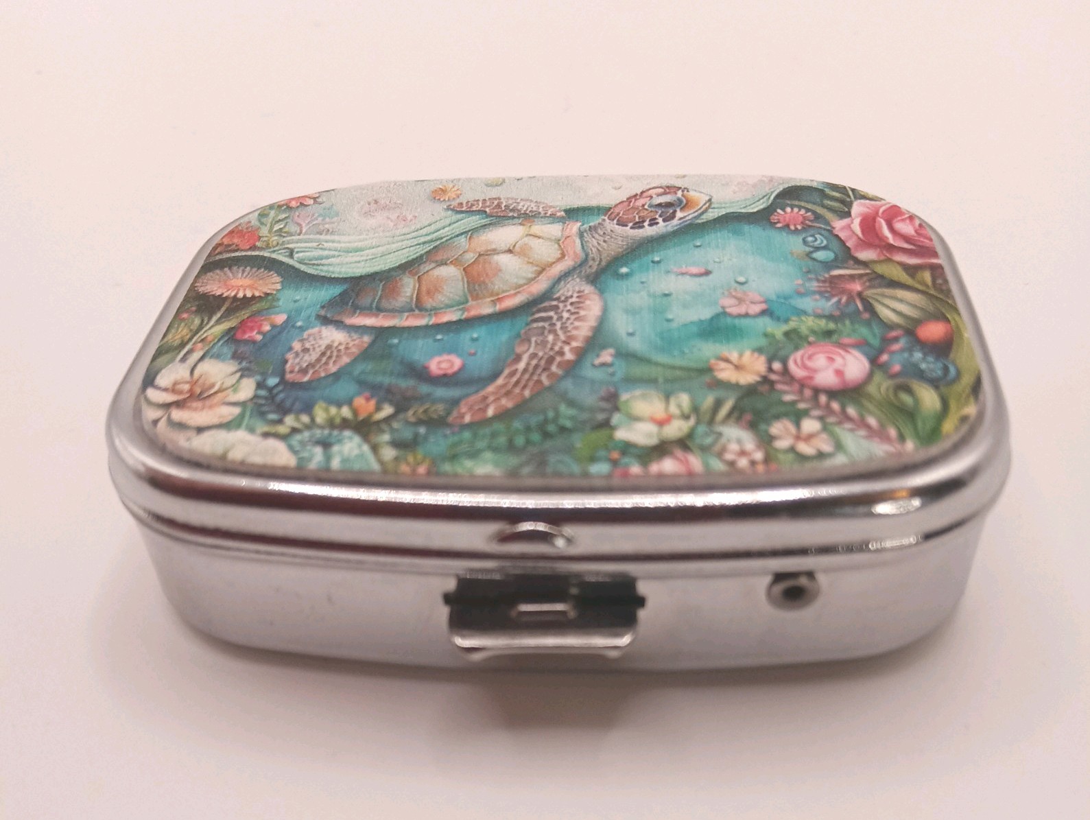 SEA TURTLE Pill Box Mirror Organizer Medicine Case 2 Compartment Travel Square