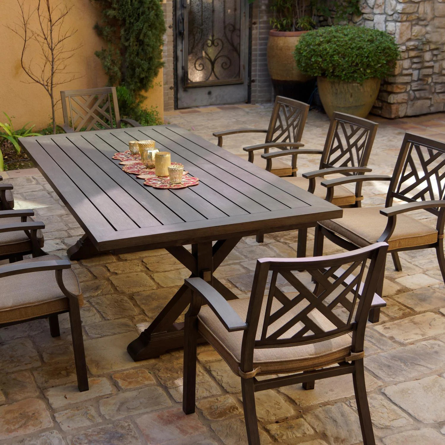 Brooklyn 9 Pc Aluminum Dining Set 86 X 44 Inch Table in Multi Brown/Sesame by