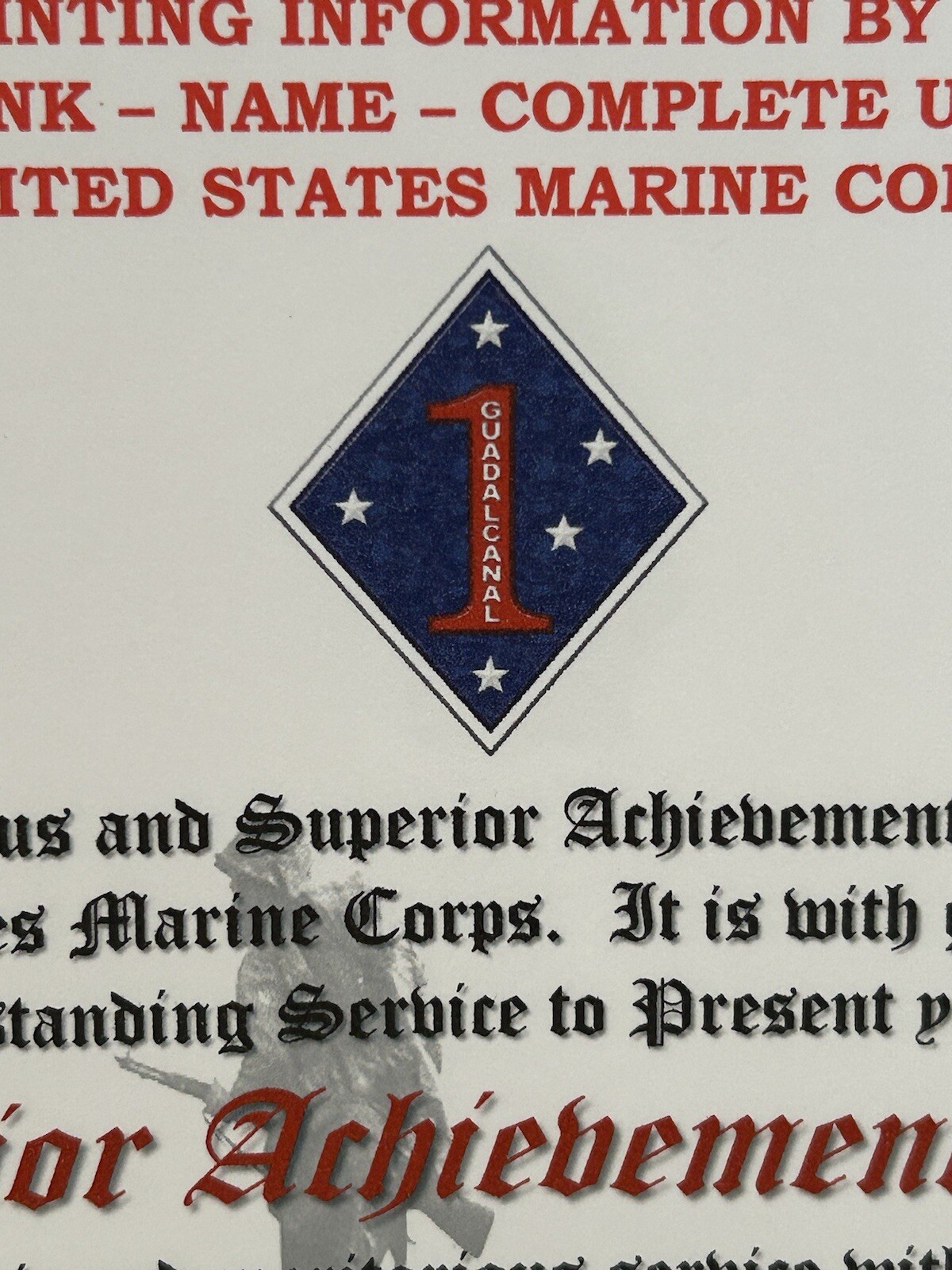 U.S.M.C. / SUPERIOR ACHIEVEMENT AWARD - 1ST MARINE DIVISION / CERTIFICATE