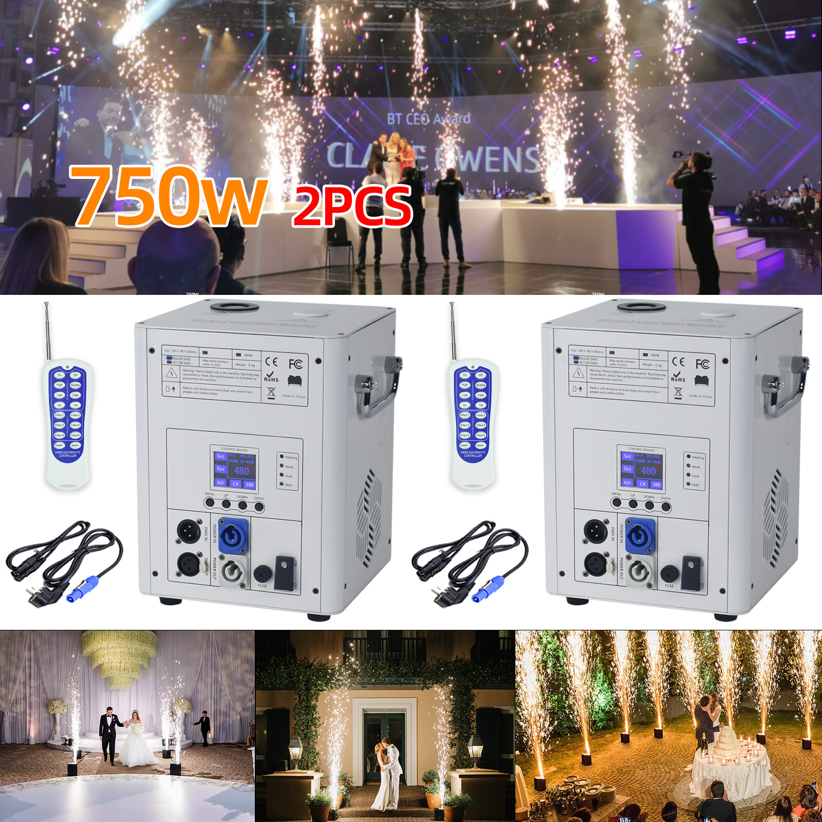 2Pack 750W Cold Spark Machine Firework Machine DMX DJ Stage Effect with Handle