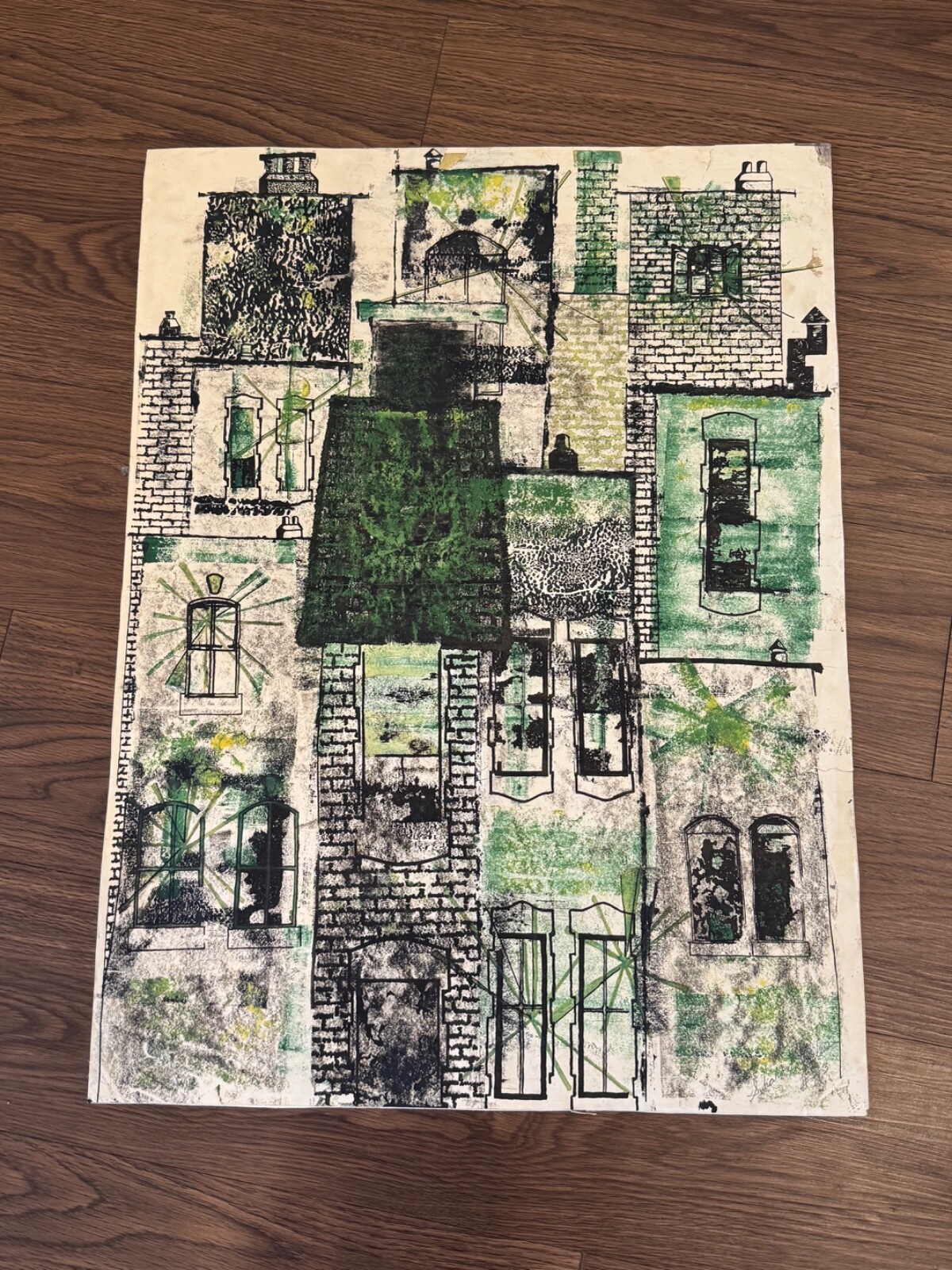 Vintage Sharon Niles Signed Mixed Media Drawing of Building Facades Architecture
