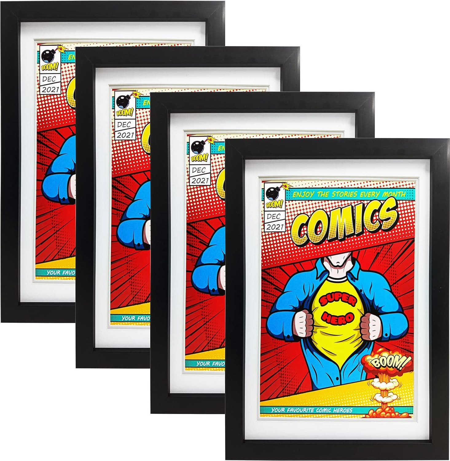 Comic Book Frame 4Pk UV Protection Display Fits 6.75x10.25 Wall Tabletop Black