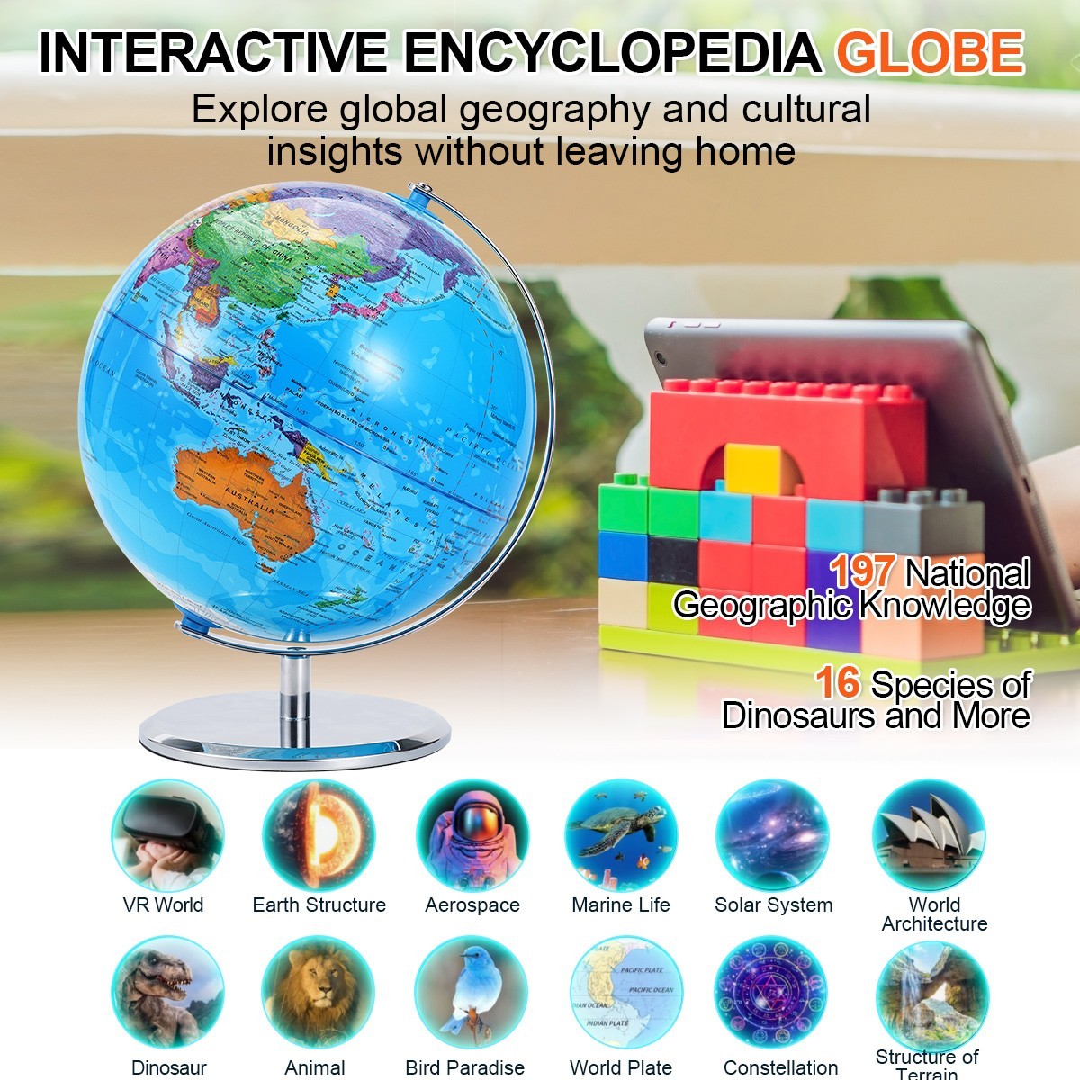 10'' World Map Globe On Metal Base Tabletop Rotating Earth Globe Educational
