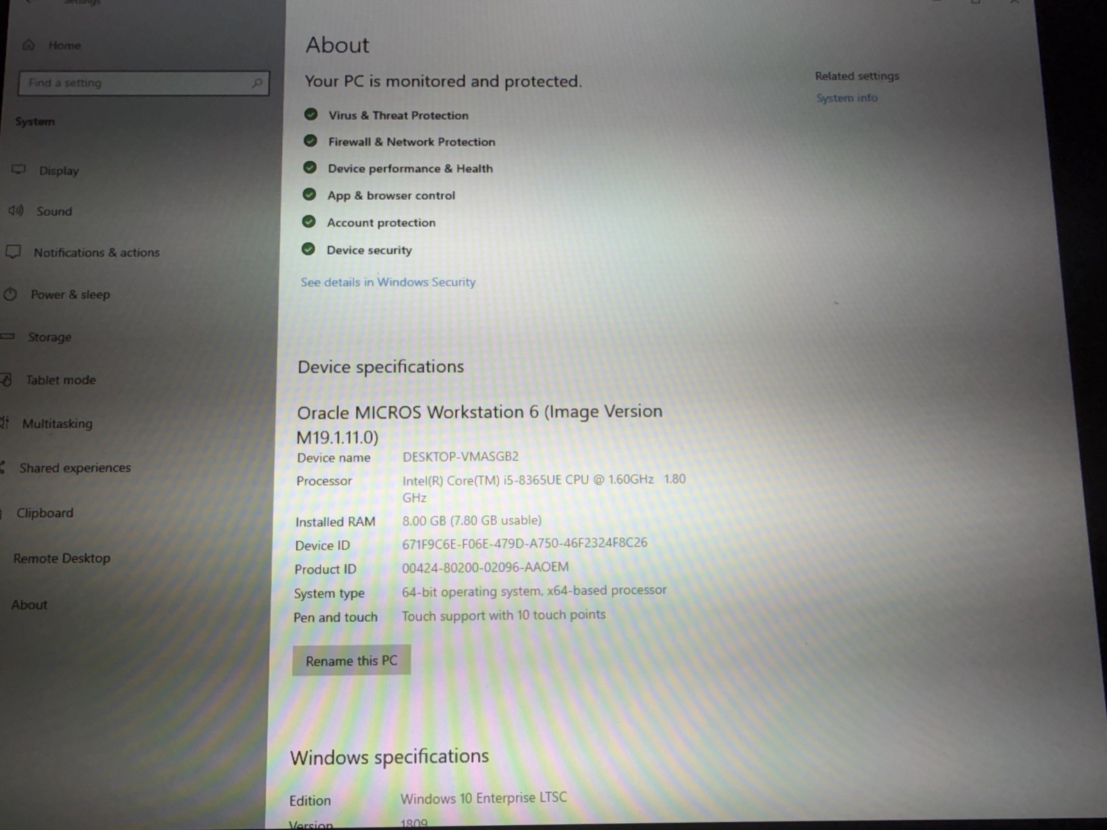 ORACLE Micros Workstations, 655X; Intel i5, w/ stand, power supply