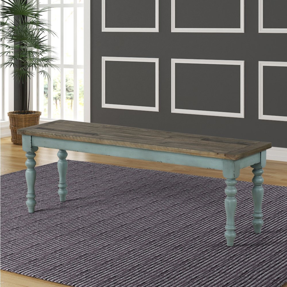 Prato Two-Tone Wood Dining Bench, Antique Blue and Distressed Oak