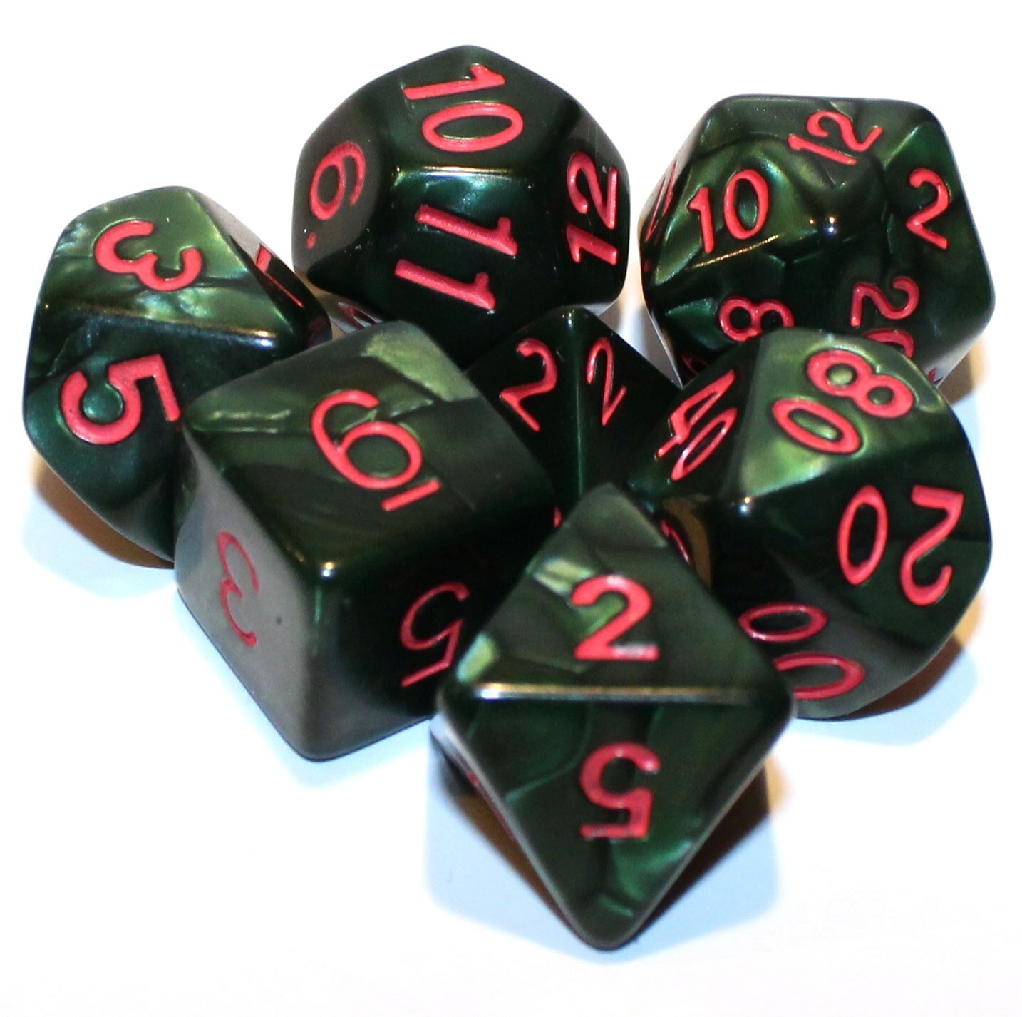 7 Piece Marble Polyhedral Dice Set w/Green  Bag – Emerald Green w/ Red Numbers
