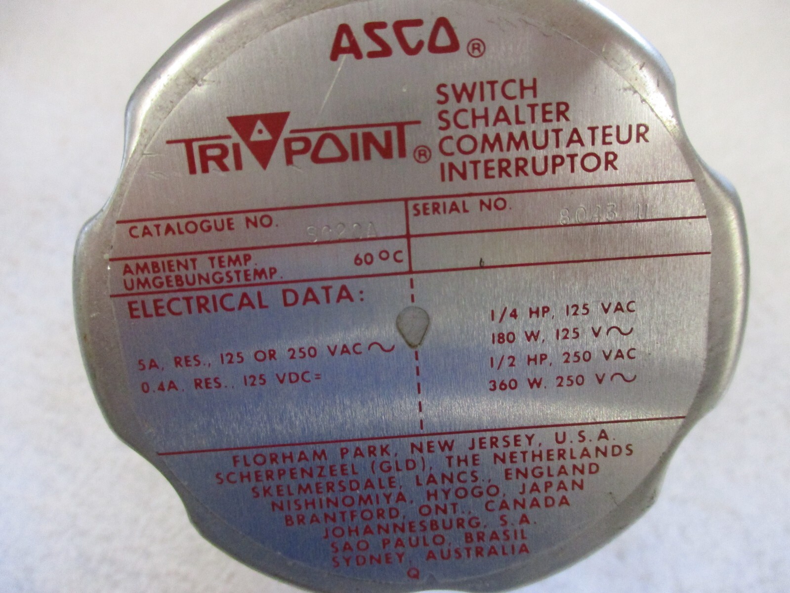 NEW ASCO TRI POINT Pressure Switch TD20A11 SC20A