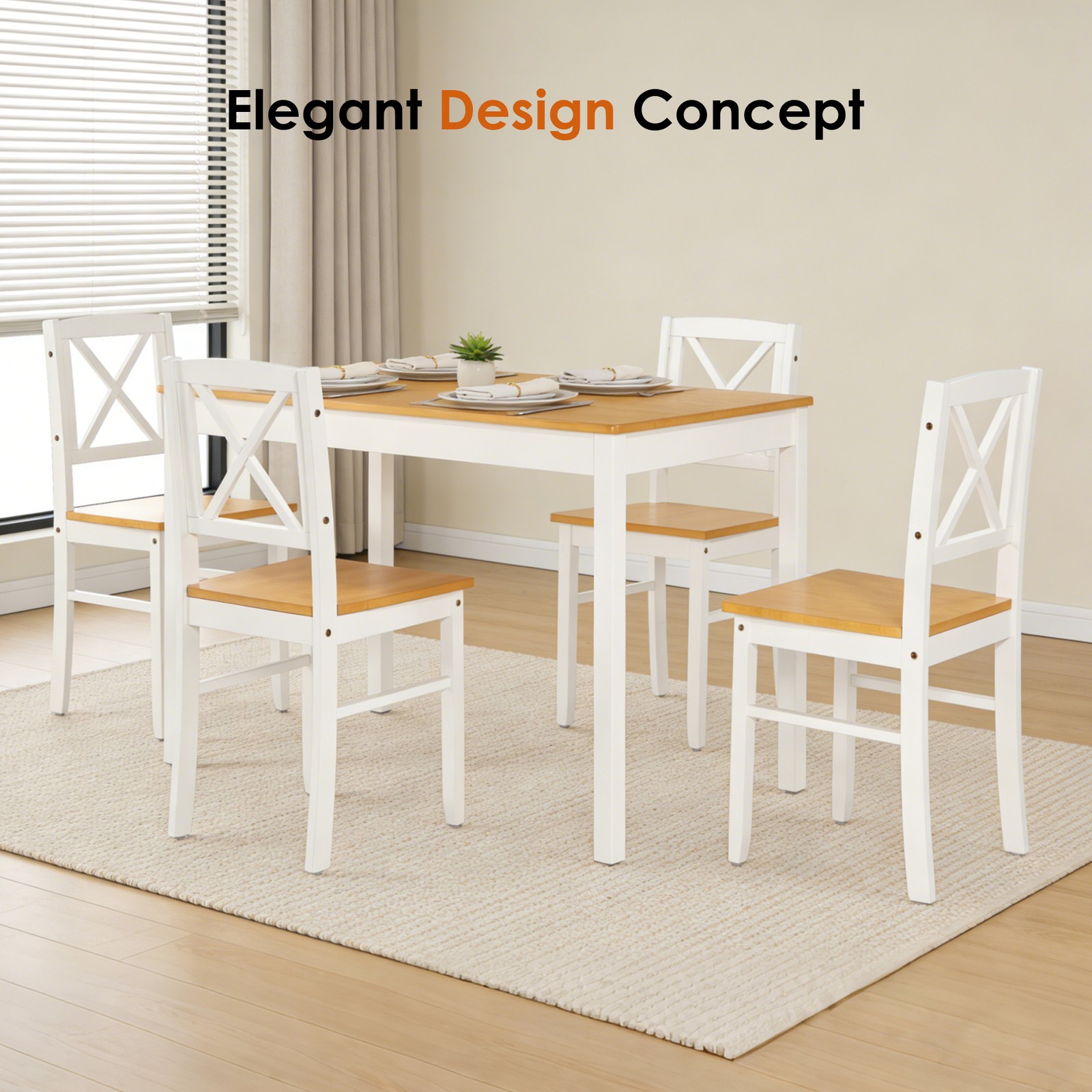 5-Piece Rubberwood Kitchen Dining Table Set with 4 Chairs