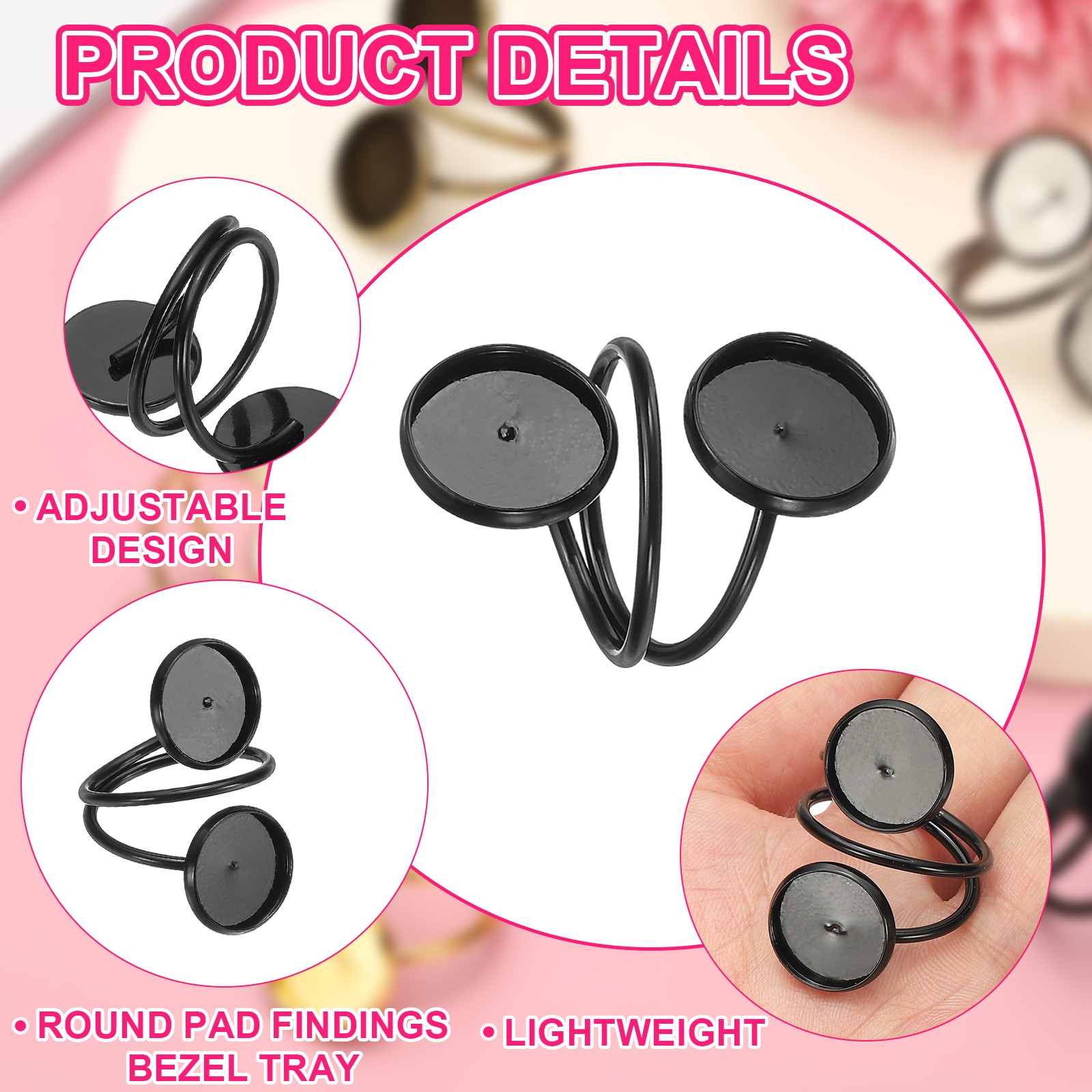 Ring Blank, 20 Pcs Adjustable Finger Ring Blank Base 12mm, Black