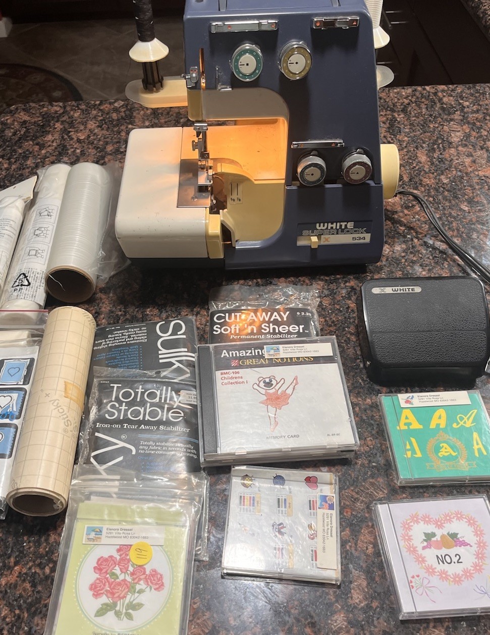 VTG WHITE SUPER LOCK MODEL 534 SERGER WITH FOOT PEDAL And Accessories Shown Read