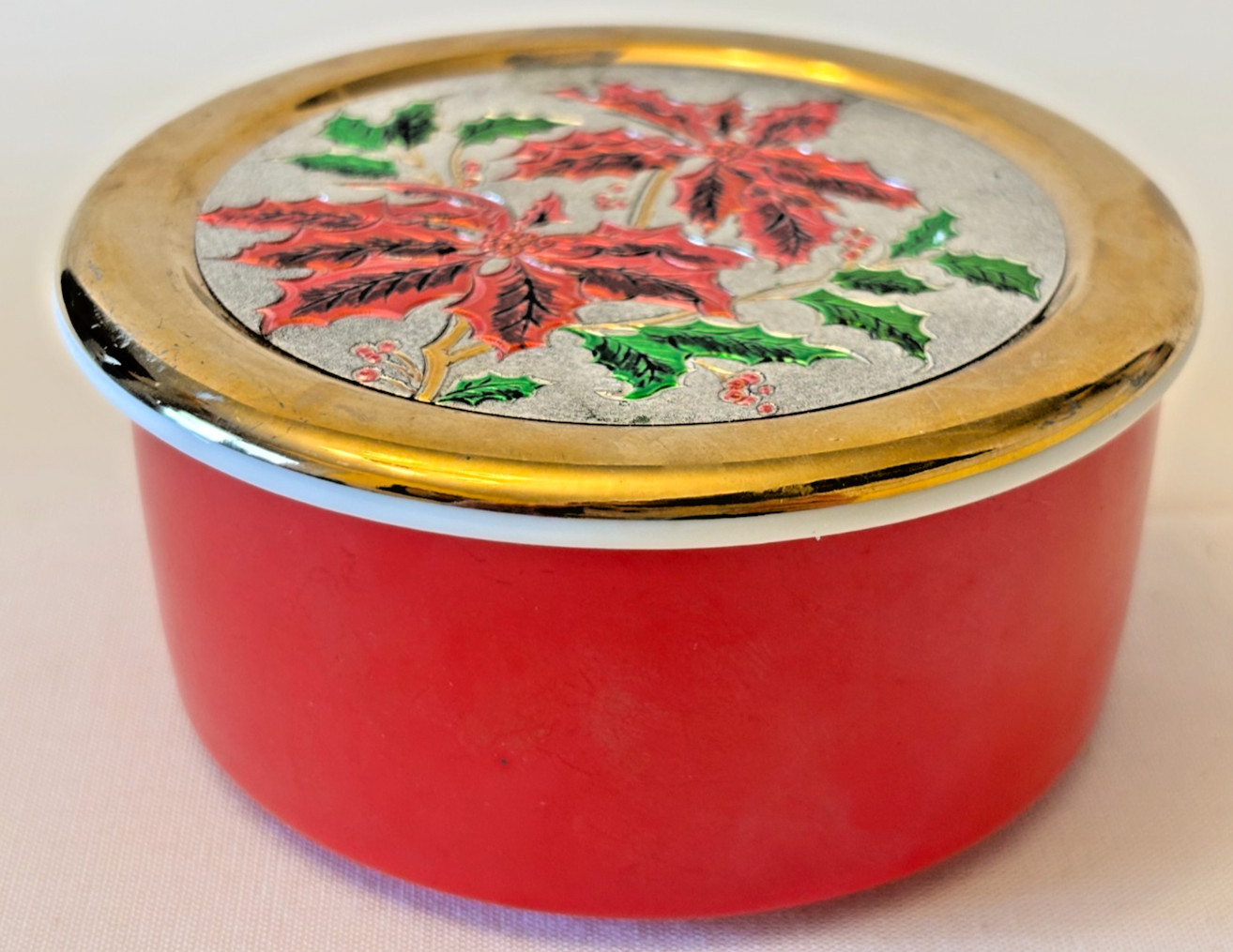Chokin Trinket Box Jamestown China Poinsetta 24k Gold Trim Dish Vtg Christmas