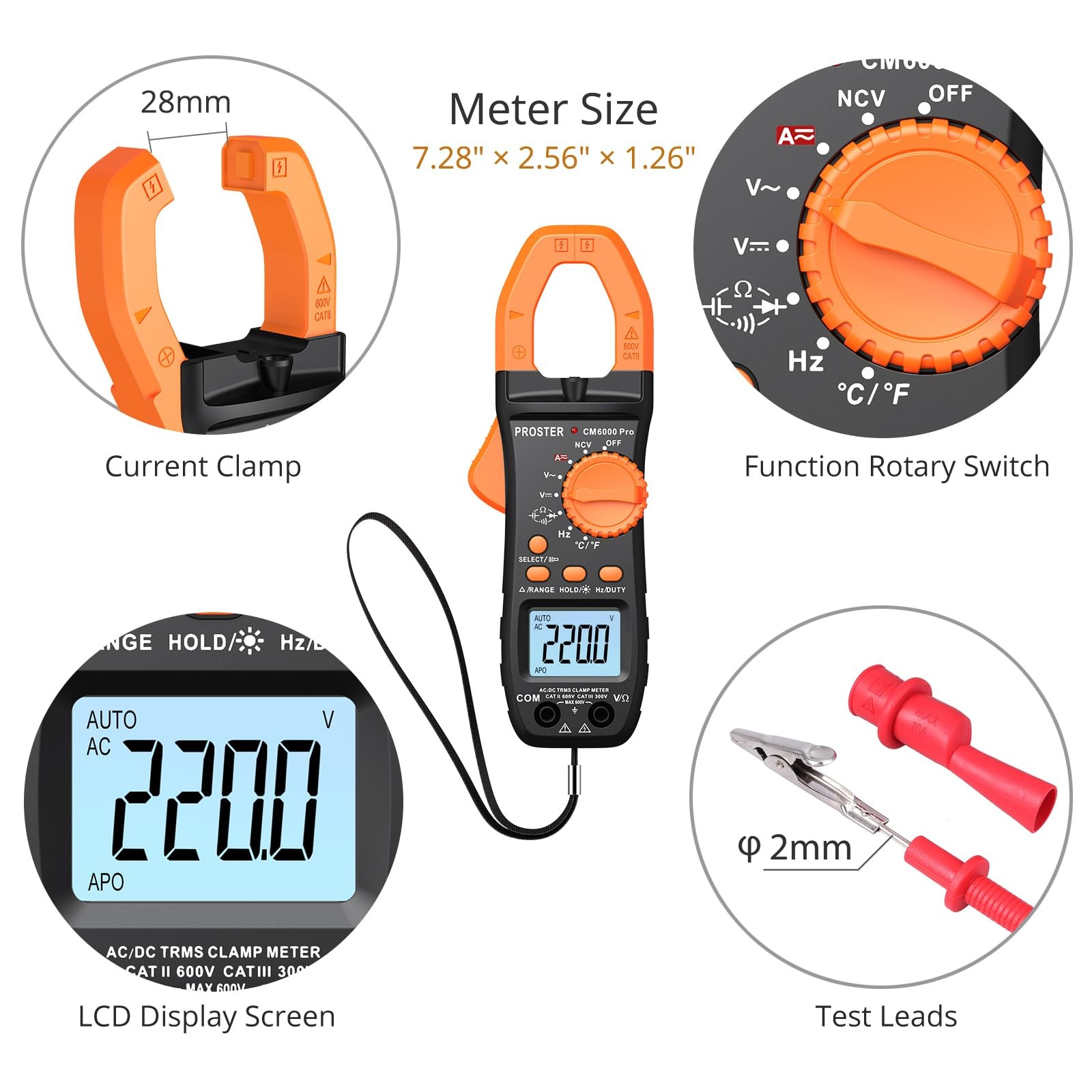 Proster Digital Clamp Meter 6000 Count - 800A DC AC Current Ammeters AC/DC Vo...