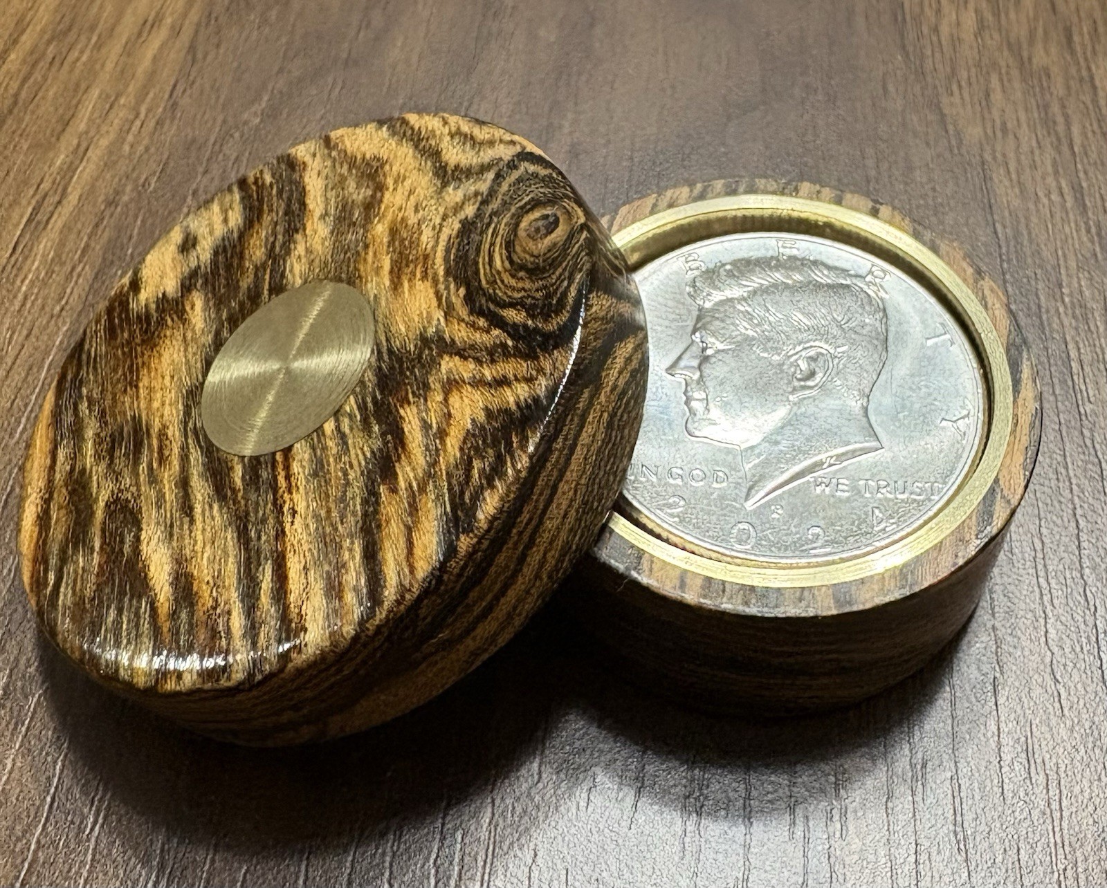 1/2 DOLLAR OKITO STYLE COIN BOX        FIGURED BOCOTE WOOD AND BRASS
