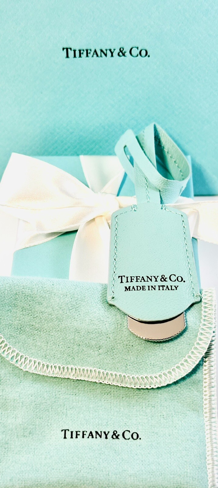 Tiffany & Co Blue Retractable Leather Purse, Bag/Luggage Tag. Italy. NEW. +15OFF