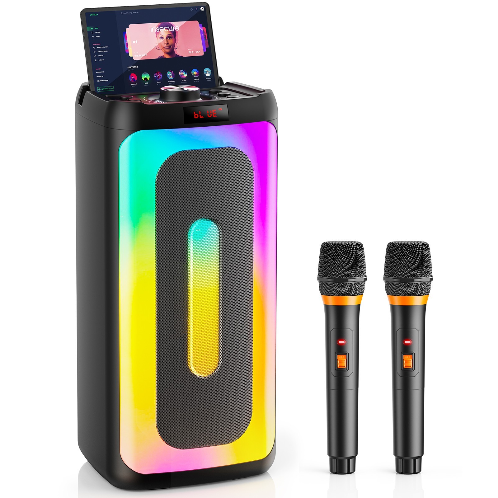 Wireless Speaker System Karaoke Set with Mics Lights for Garden Camping Party