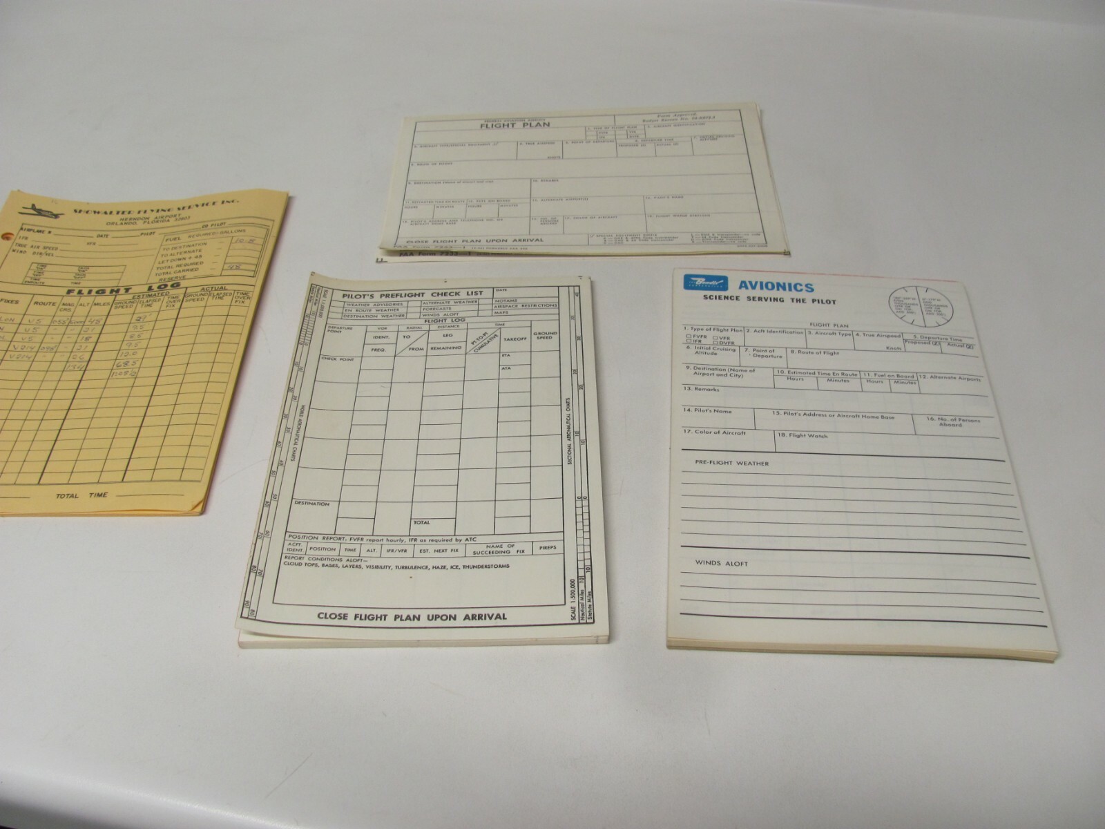 Vintage Avionics & Federal Flight Plan, Pilot's Preflight Check List, Flight Log