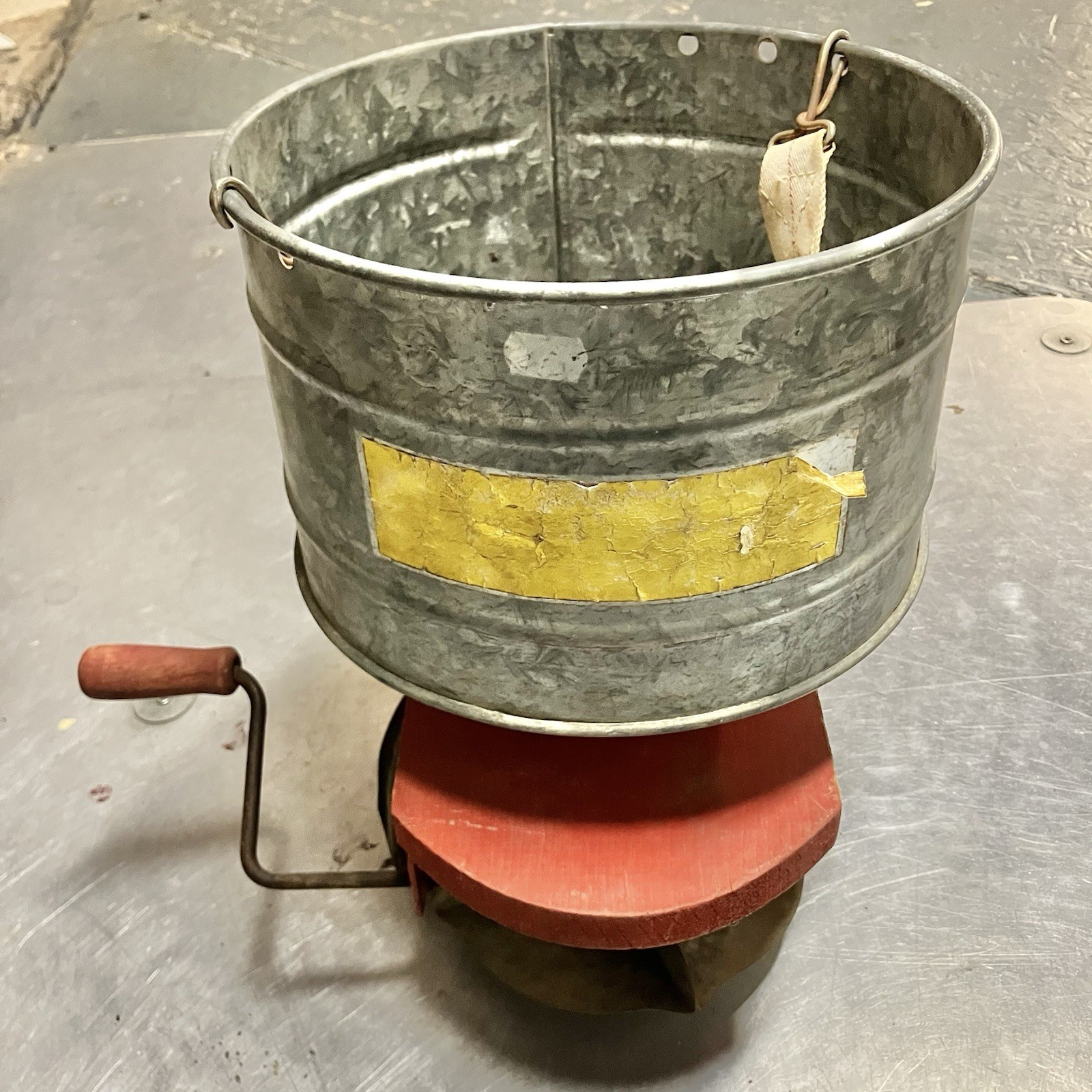 Possibly a Hand Crank Broadcast Seeder Galvanized Metal Hopper Seed Sower
