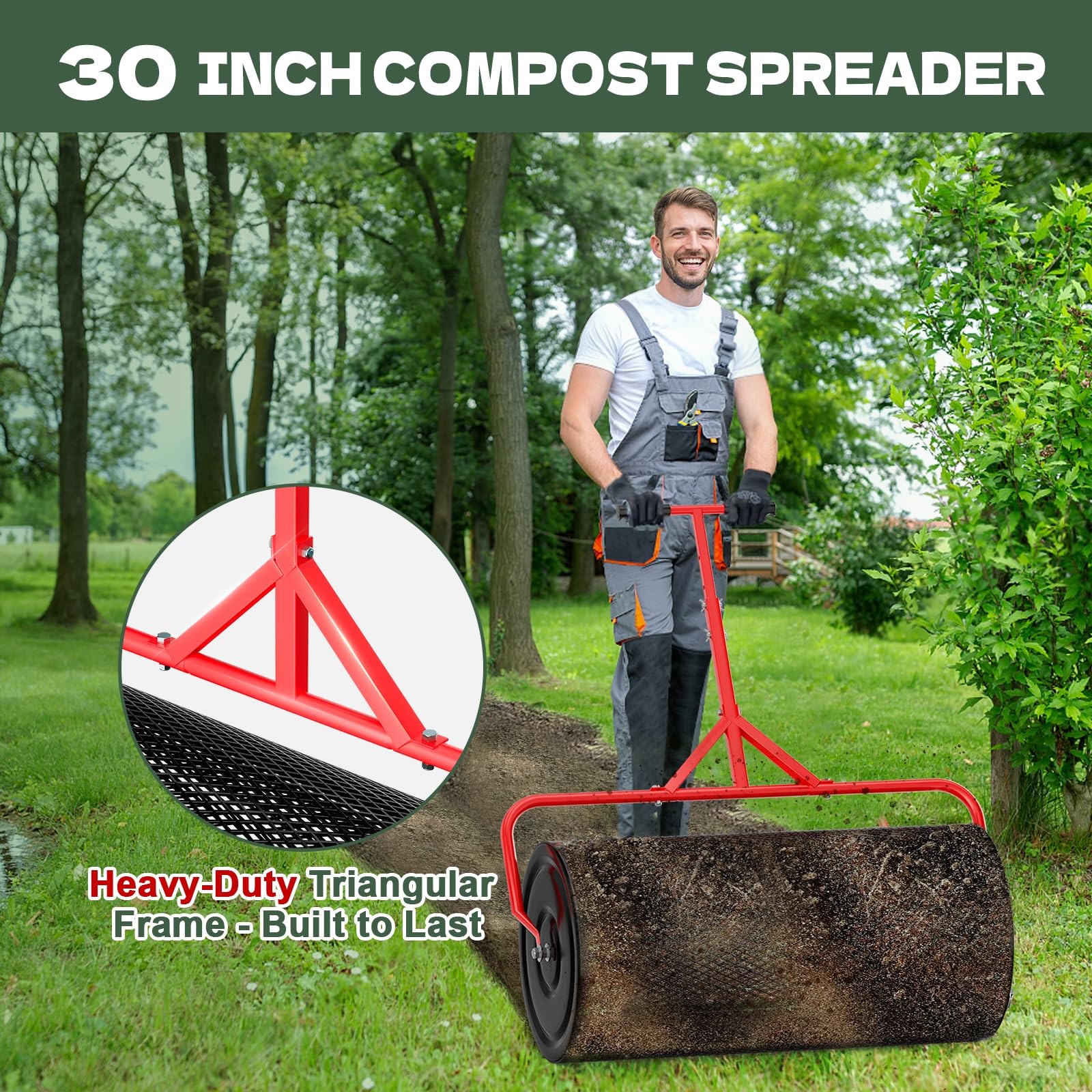 Compost Peat Moss Spreader for Lawn, 30 Inch Compost Roller Spreader with Adj...
