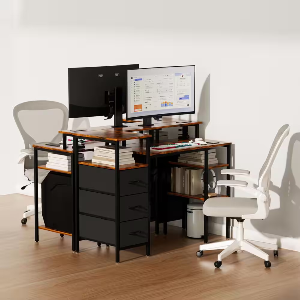47.2 in Rectangle Computer Brown Wood 3-Drawer Computer Desk with Storage, Shelv
