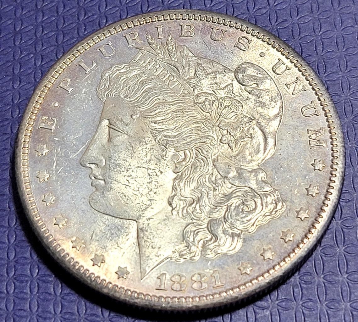 1881 S SILVER MORGAN DOLLAR, UNC DETAILS, TONED