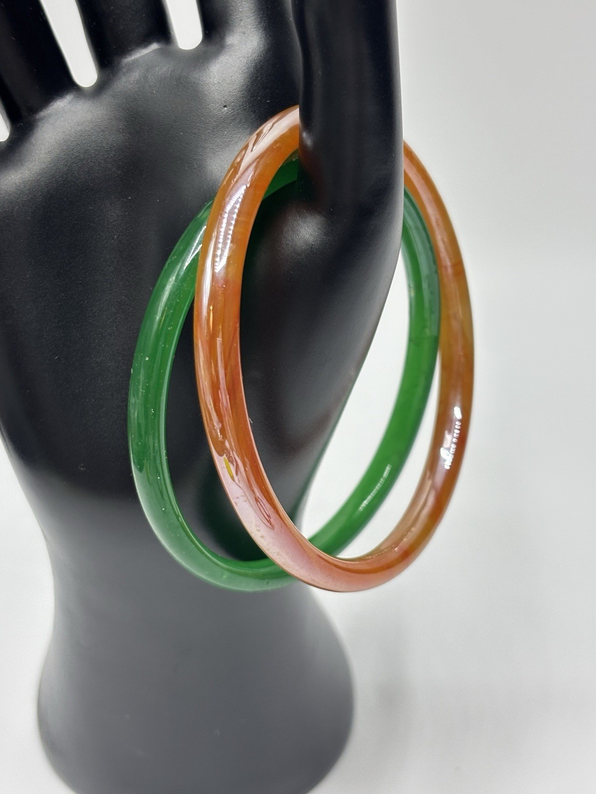 (2) Art Glass Bangles Bracelets Stackable Multi-Colored Amber Green Fashion