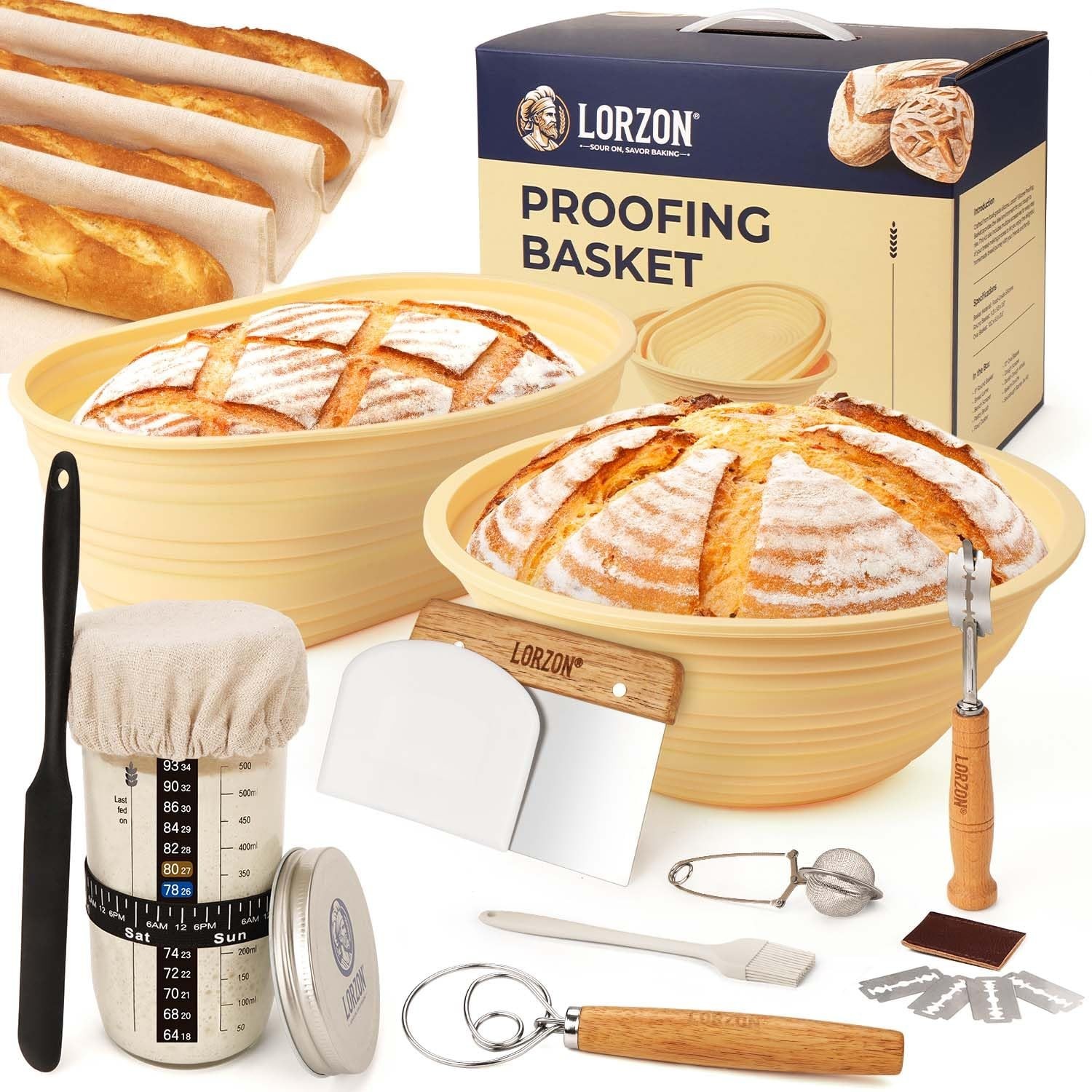 Silicone Proofing Baskets with Sourdough Starter Jar Kit, 9" Round & 10" Oval...