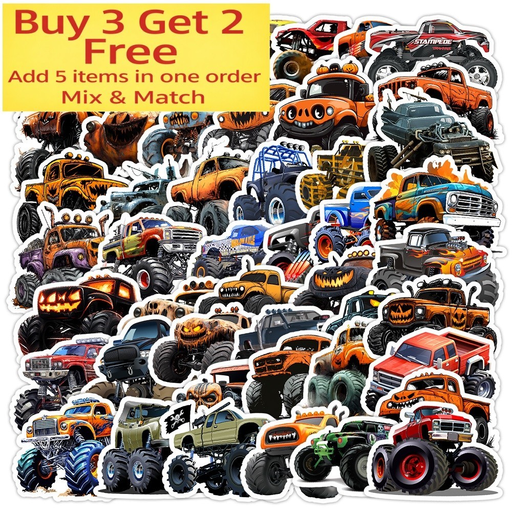 50pcs Waterproof Vinyl Stickers Monster Truck Cars Luggage Phone Laptop Window