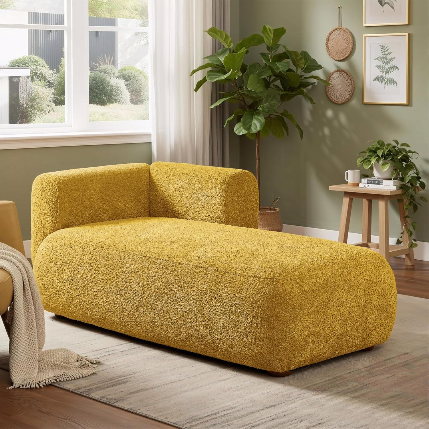 Upholstered Chaise Lounge Chair Indoor with Backrest, Low Boucle Fabric Recliner