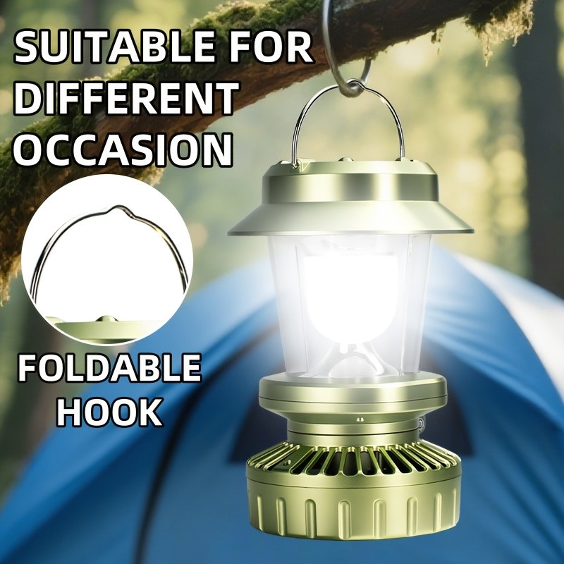Solar Fan Lantern for Camping, Rechargeable Multi-Functional Light Hook