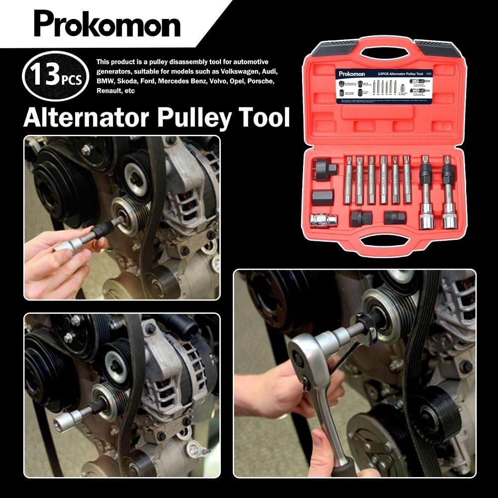 13-Piece Alternator Pulley Tool Kit - Car Pulley Removal & Decoupling Puller Set