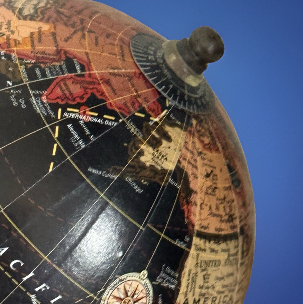 Decorative Table Top Spinning Globe W/ Black Details Measures 8” Tall