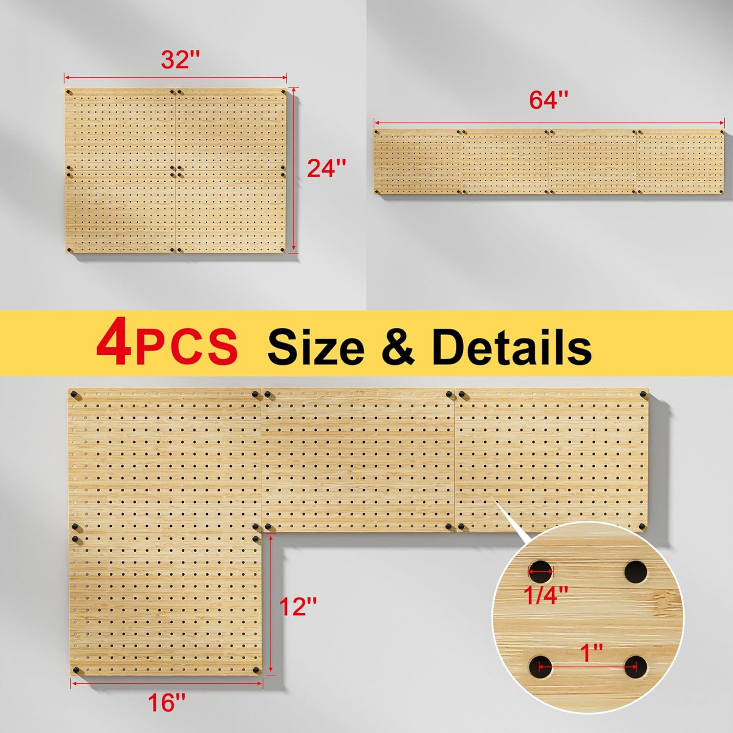 Eco Friendly Bamboo Pegboard Organizer Set 39 Piece 4 Panel Wall Storage 35Hooks