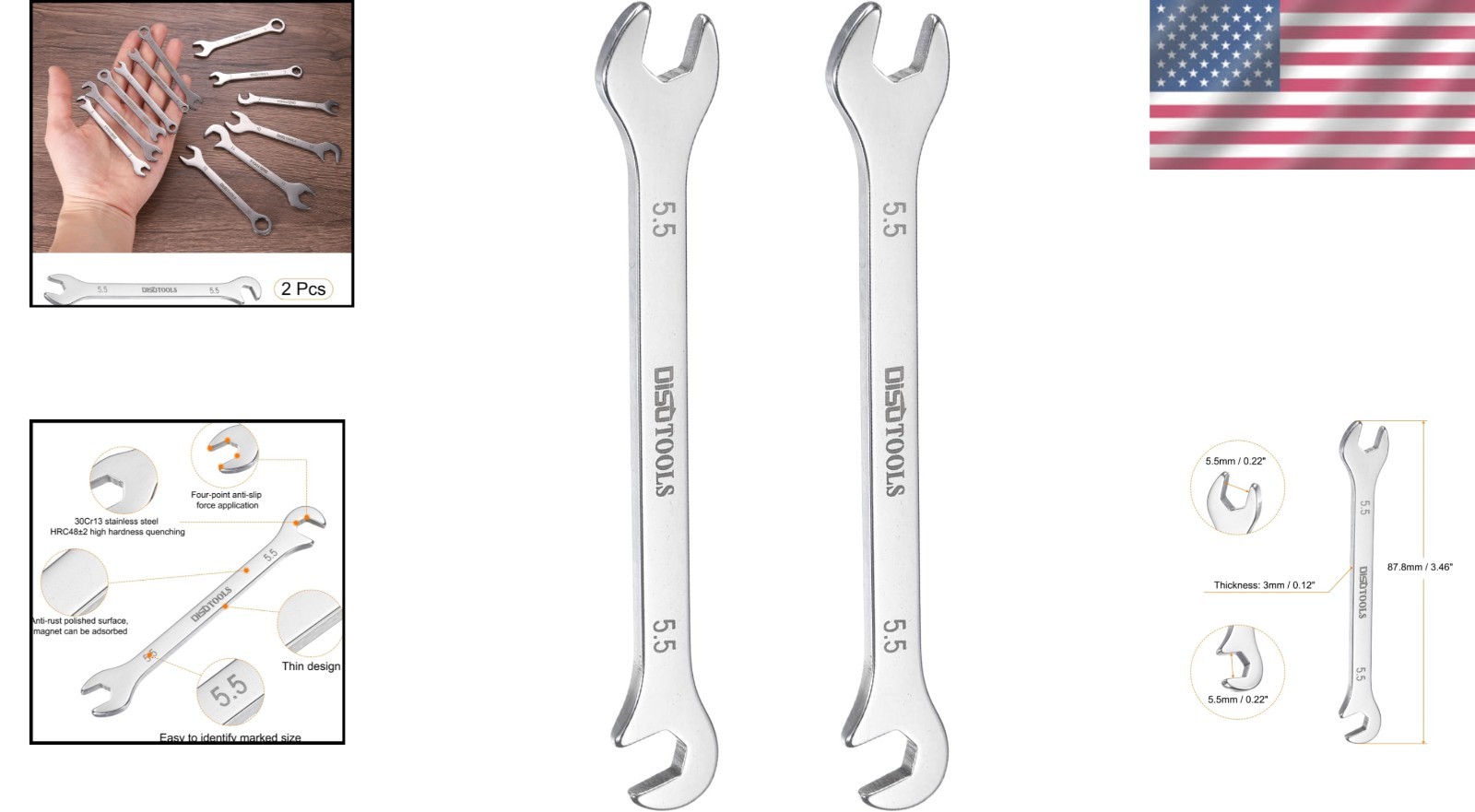 Versatile Stainless Steel 5.5mm Open-End Wrenches - Rust-Resistant Design