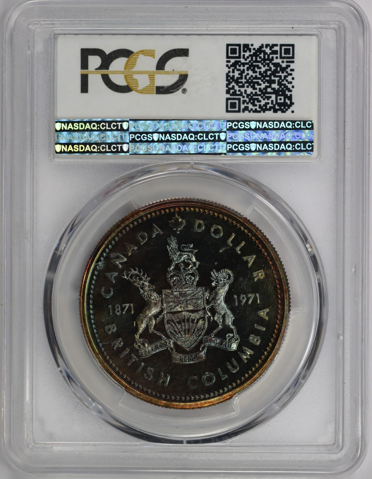 1971 PCGS SP 67 Canada Silver Dollar Rainbow Toned Obverse And Reverse