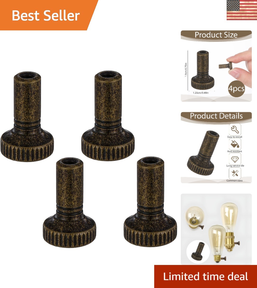 4-Pack Turn On/Off Light Switch Knob, Antique Brass Color Standard Lamp Switch R