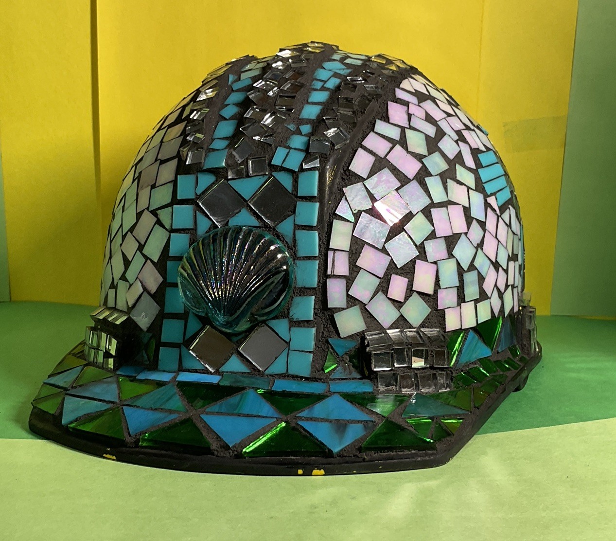 Multicolor Hand Bedazzled Mosaic, Glass, Mirrored and Beaded Construction Helmet