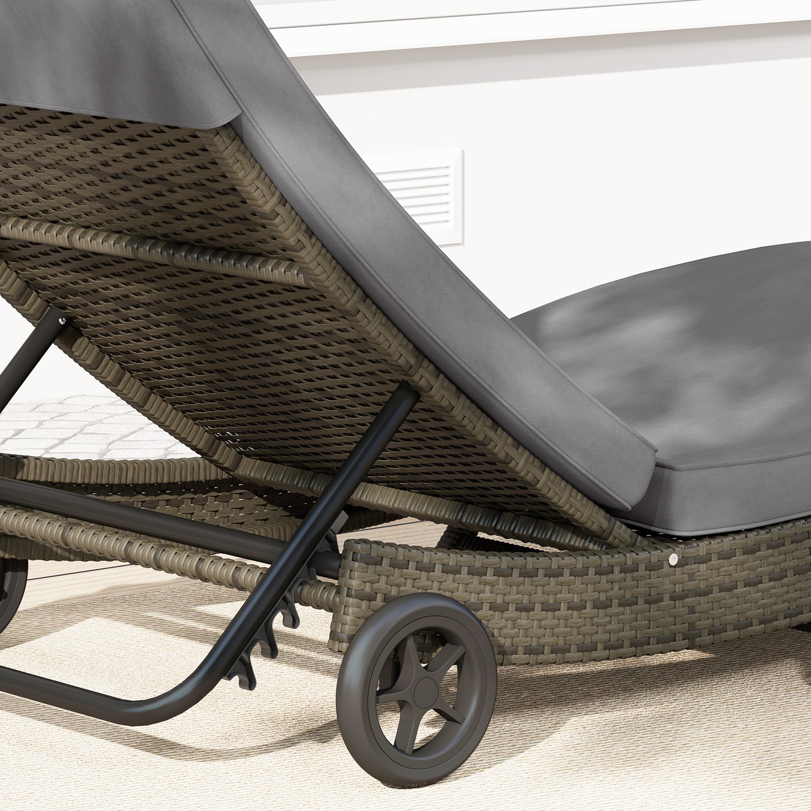 Outdoor Reclining Lounge Chair, PE Wicker, Rolling Wheels, Patio, Grey
