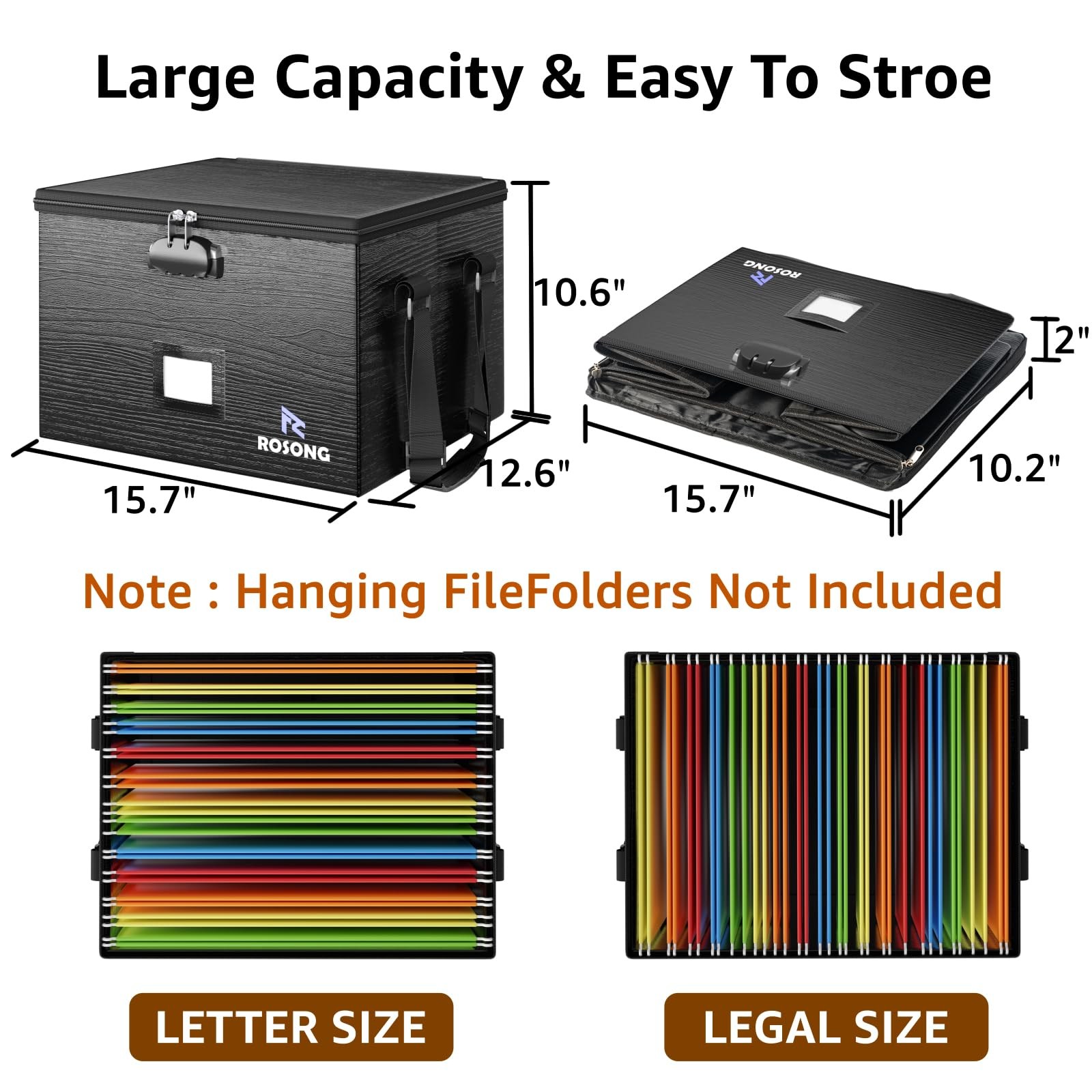 ROSONG Fireproof Document Box File Organizer - Portable Locking 1pc, Black