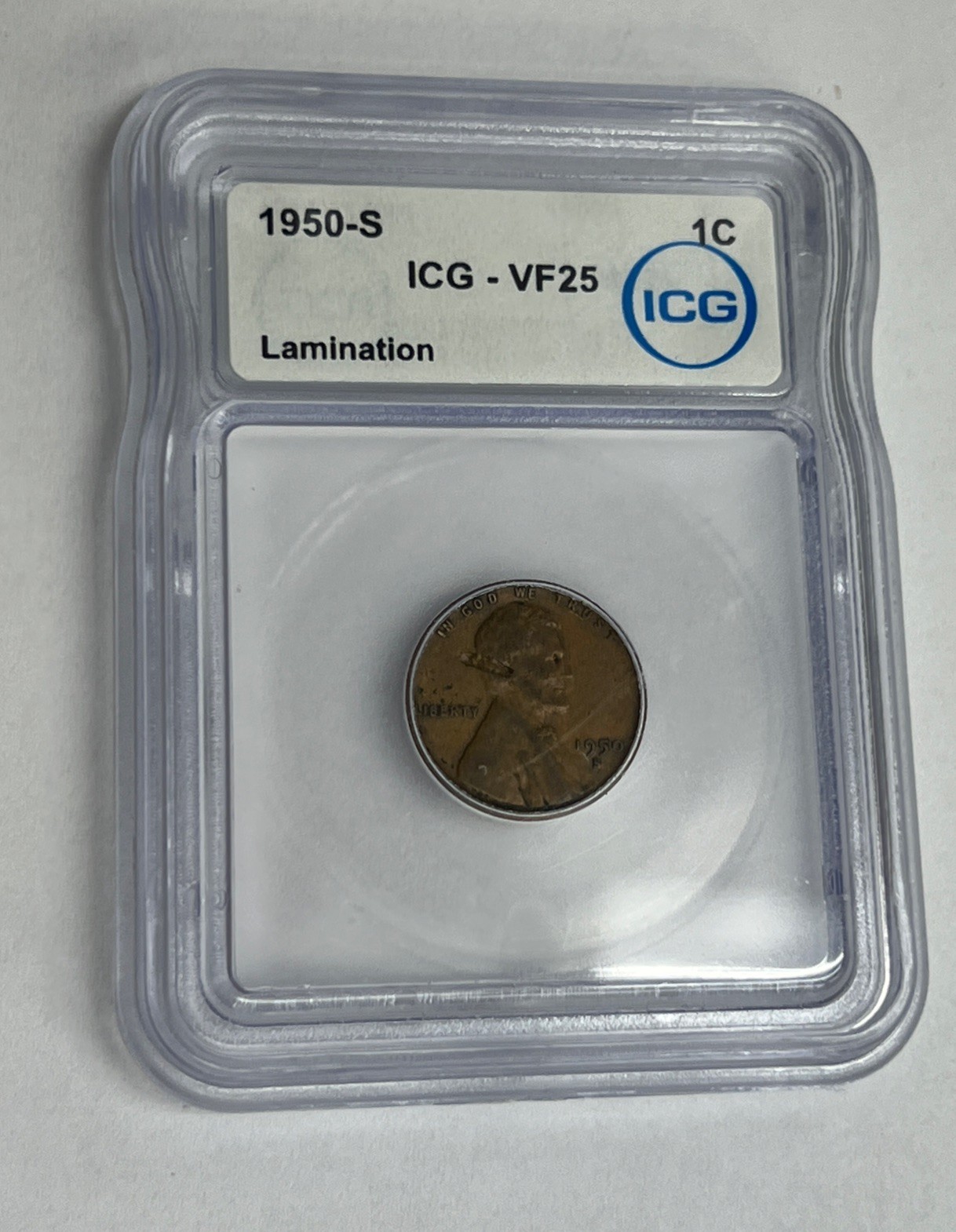 1950 S 1 Cent Wheat Penny ICG VF25 Lamination