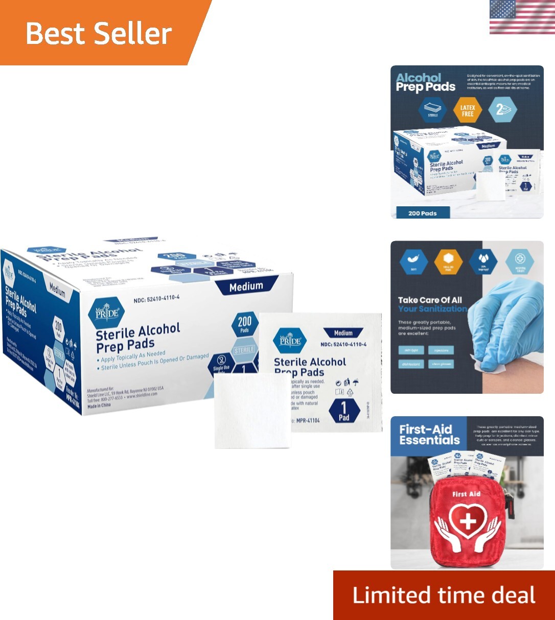 Individually Wrapped Sterile Alcohol Prep Pads, 200 Count - Gentle & Absorbent