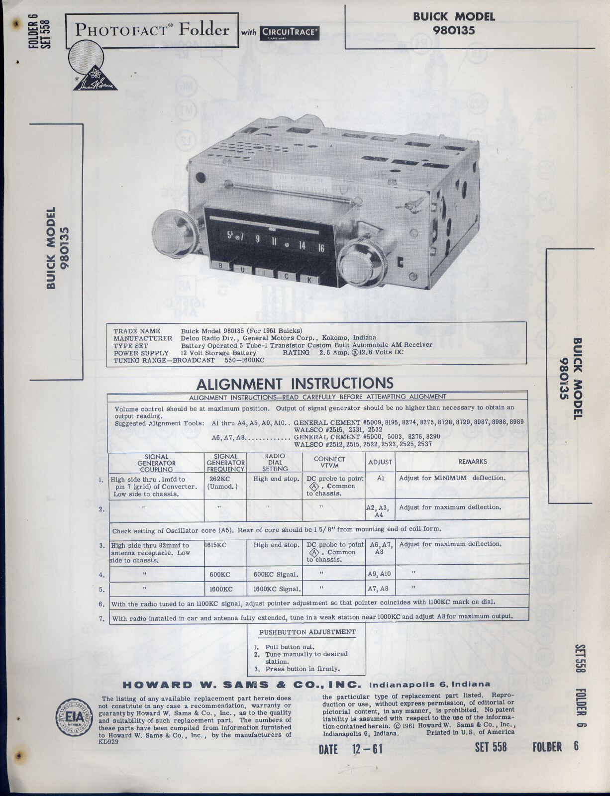 Sams Photofact Folder Buick Model 980135 PFAX30