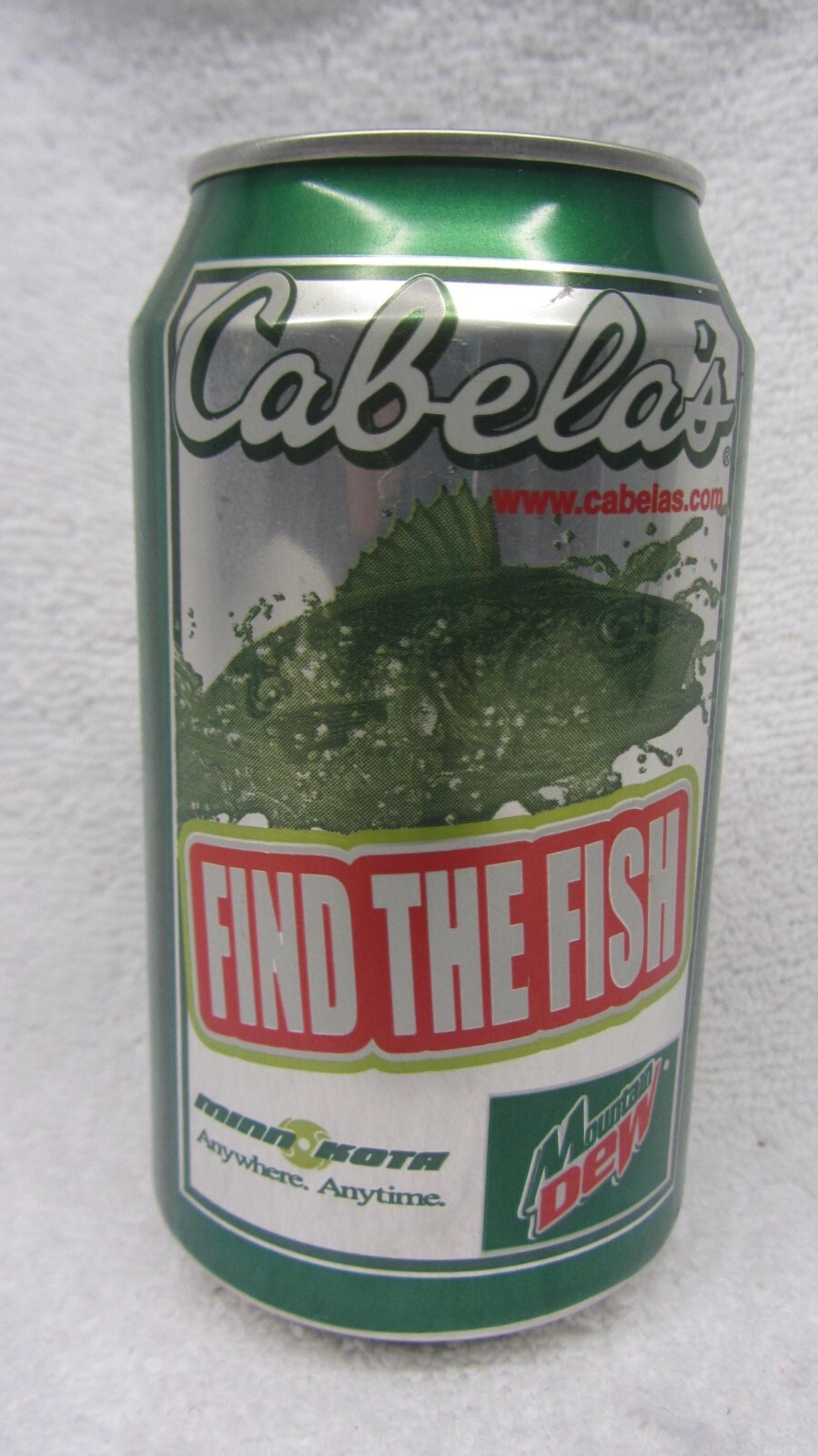 Vtg Mountain Dew CABELAS Find The Fish Promotional 12 oz EMPTY can 2001 MT DEW
