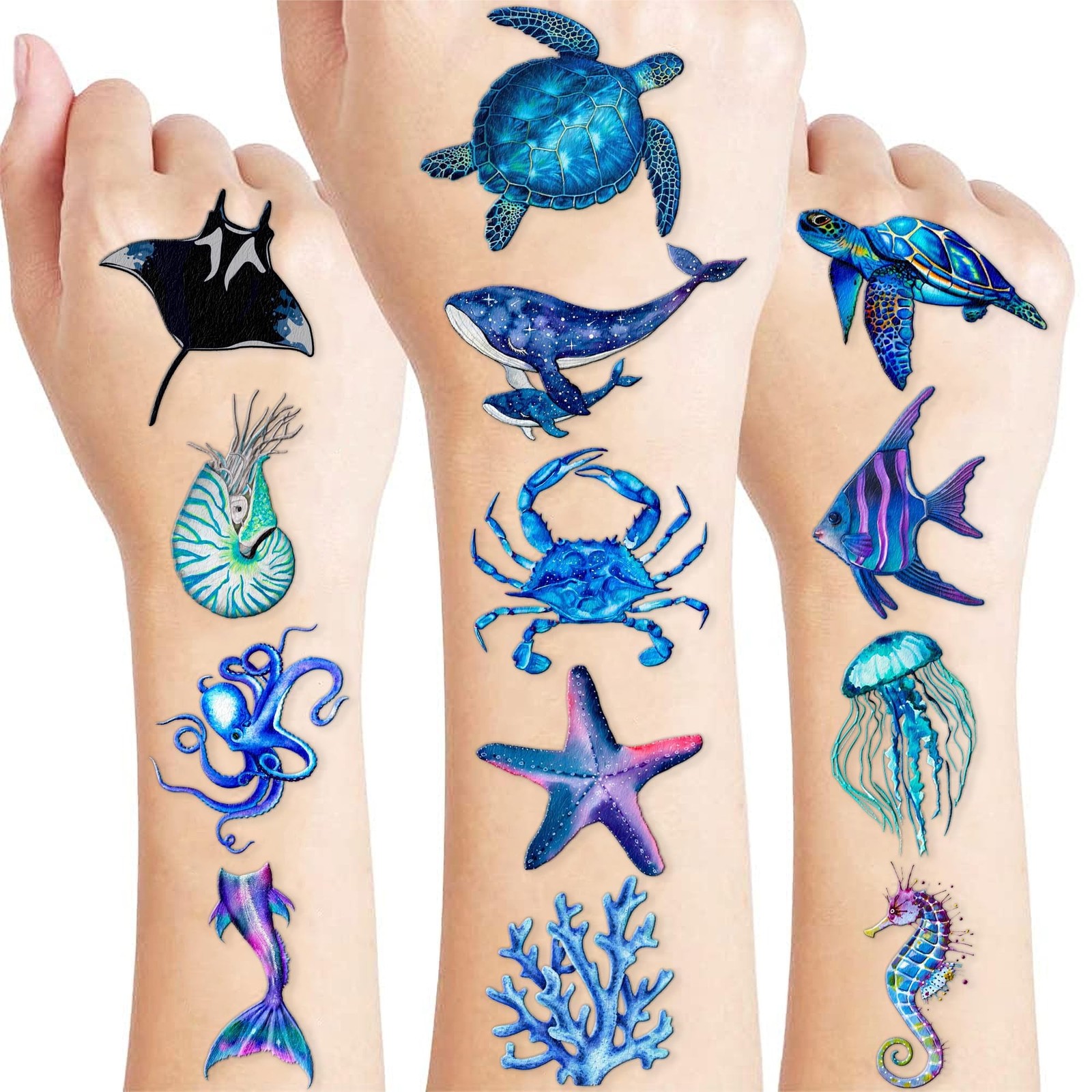 96 PCS Ocean Pre–Cut Animals Temporary Tattoos Themed Birthday Party Decor