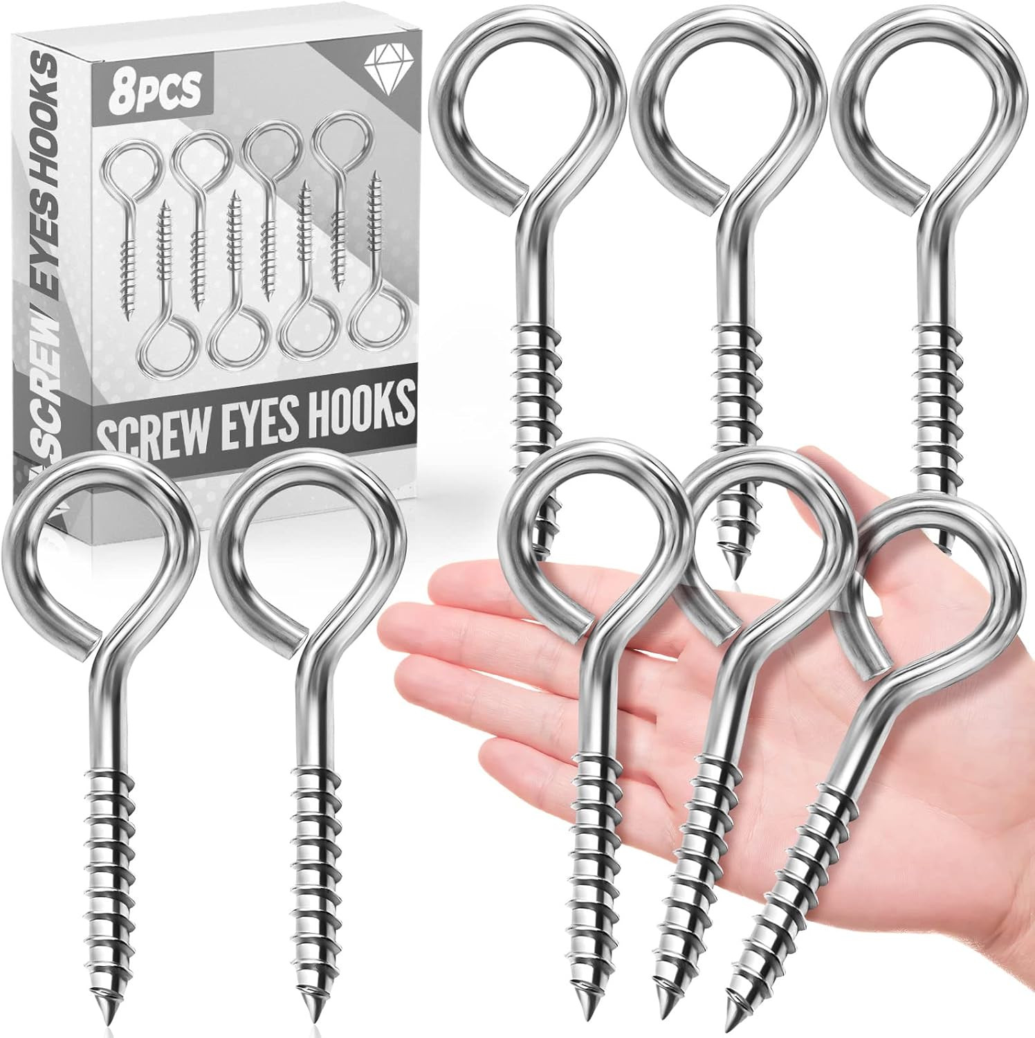 ZAUGONTW 5 Inch Eye Hooks, Eye Bolts Screw In, 8 Pack Heavy Duty Silver Large Sc