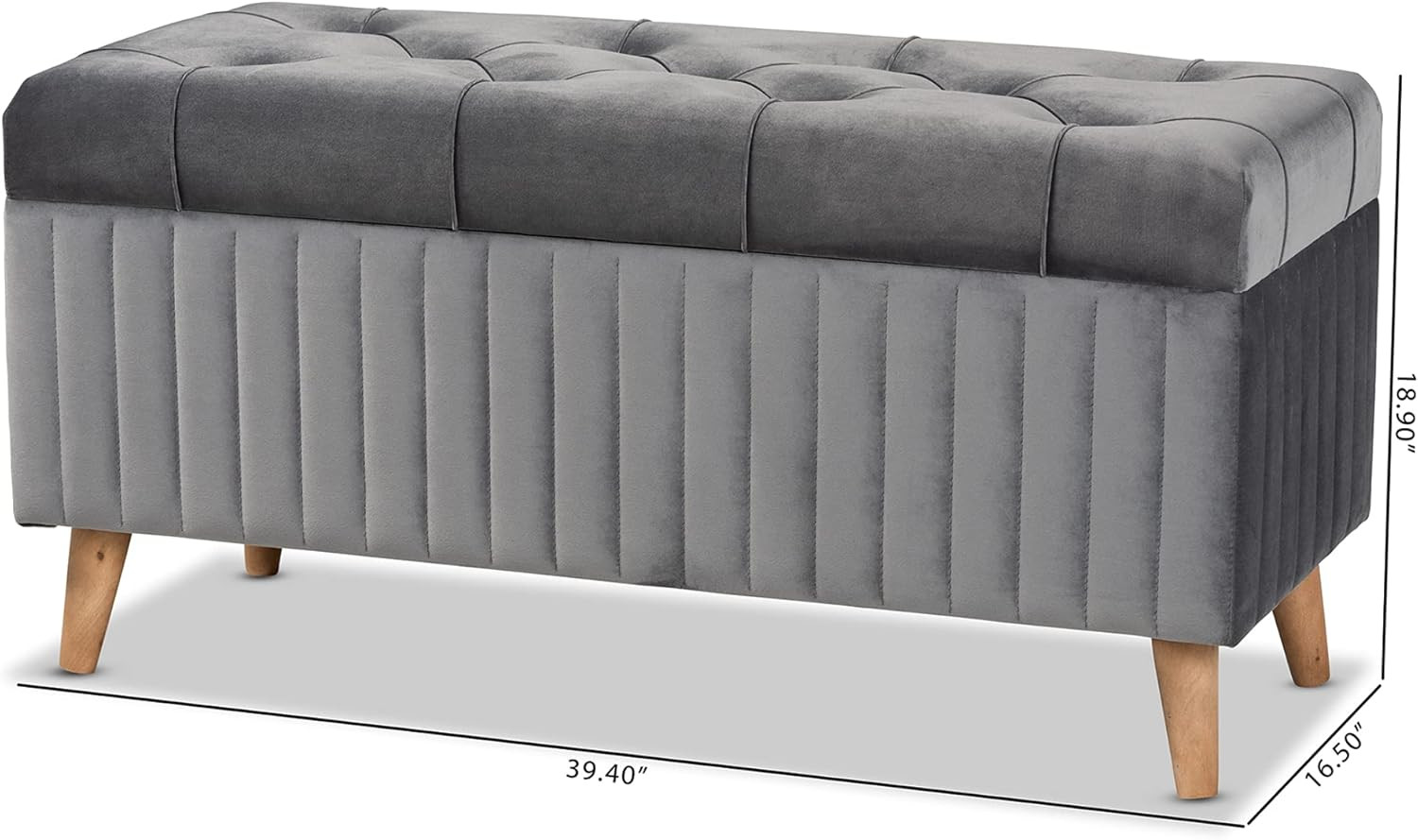 Grey Velvet Storage Ottoman with Walnut Wood Finish - Modern Design
