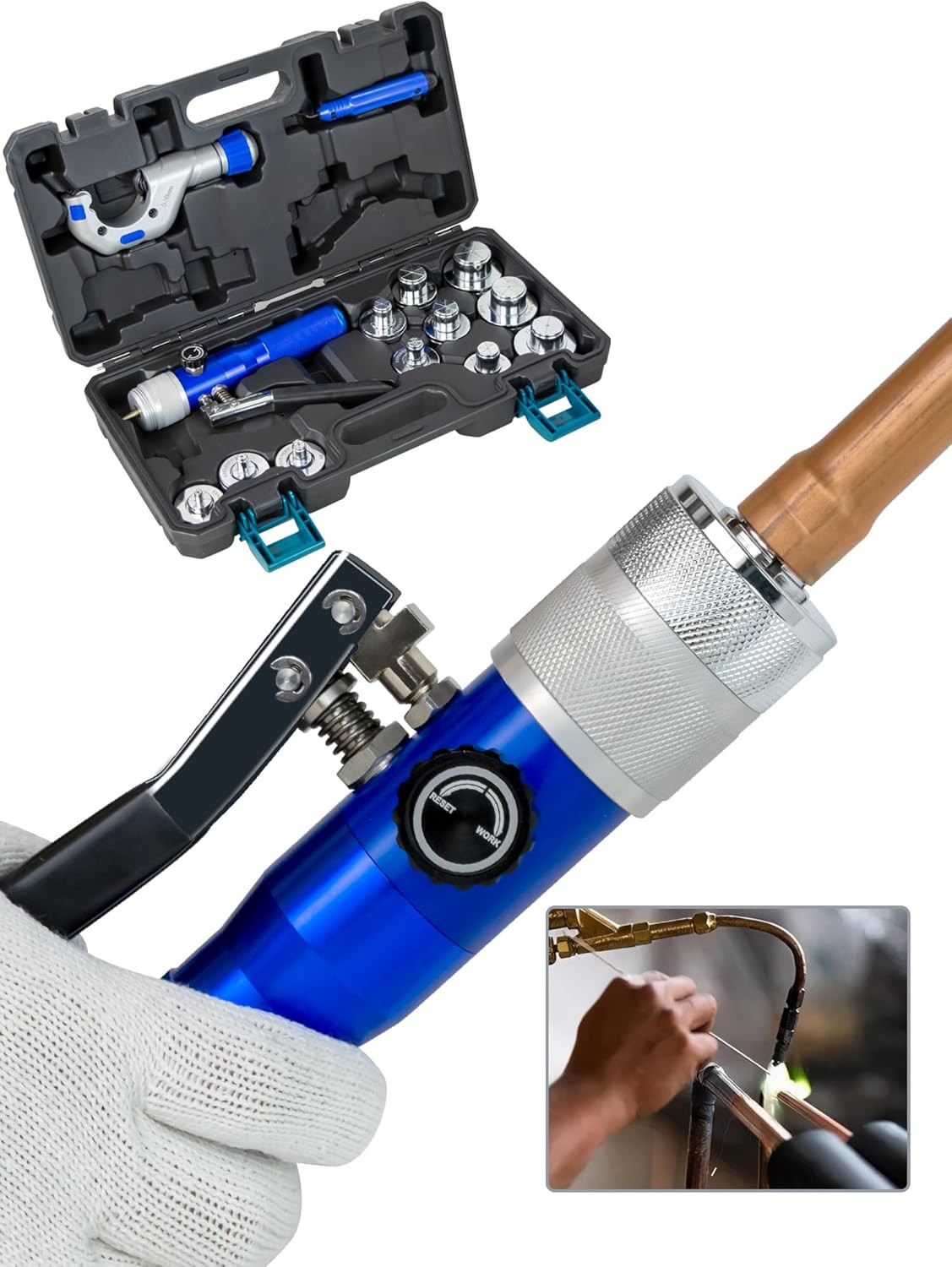 Hydraulic Tube Expander Kit with Cutter & 11 Heads for Copper Pipes 3/8"-1-5/8