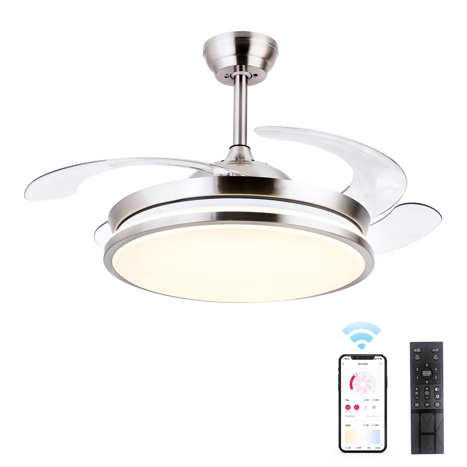 STERREN Retractable Ceiling Fans with Lights,42 Inch Modern Low Profile Bladeles