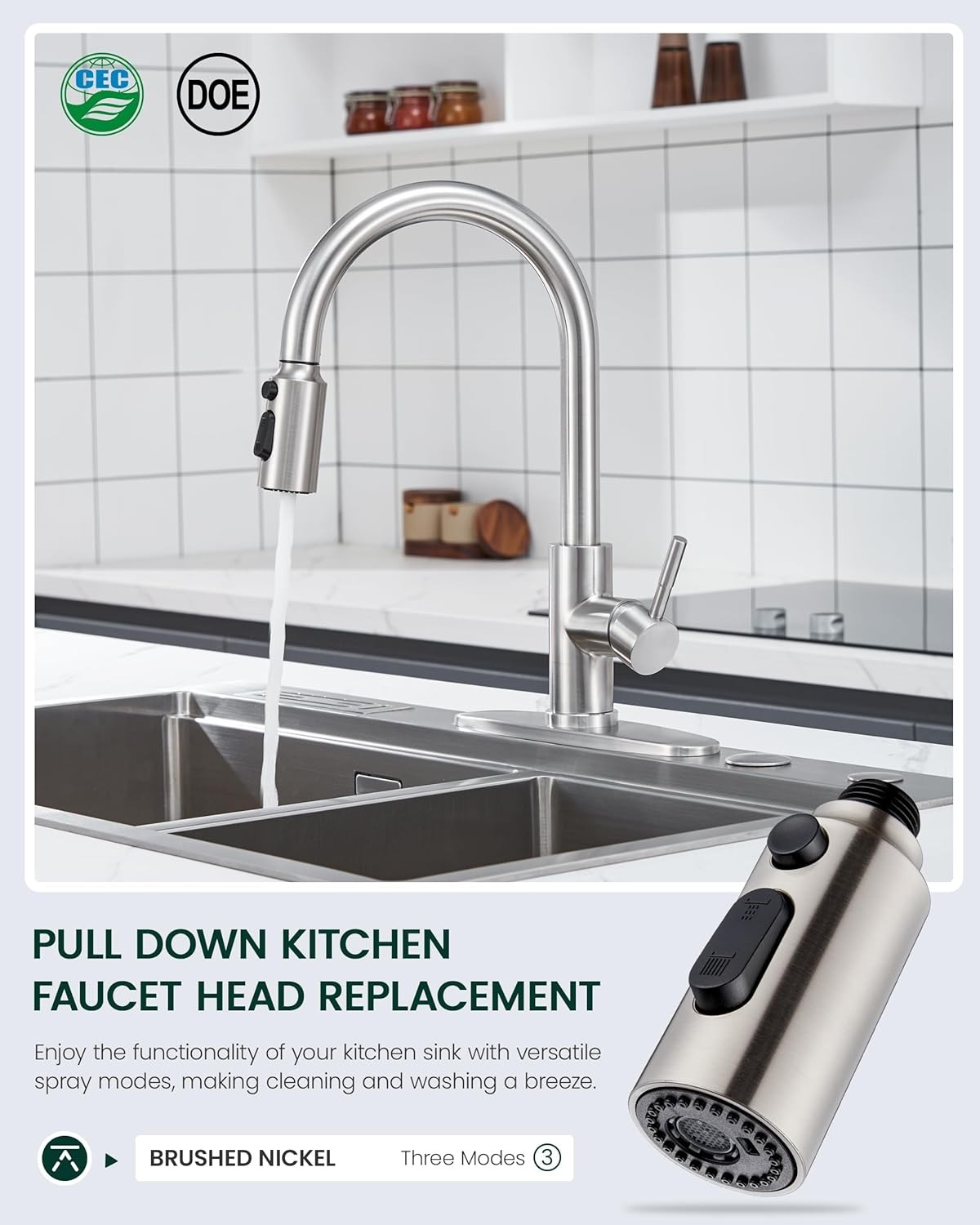 Pull Down Faucet Head Replacement with 15 Adapters, 3 Function Spray Nozzle