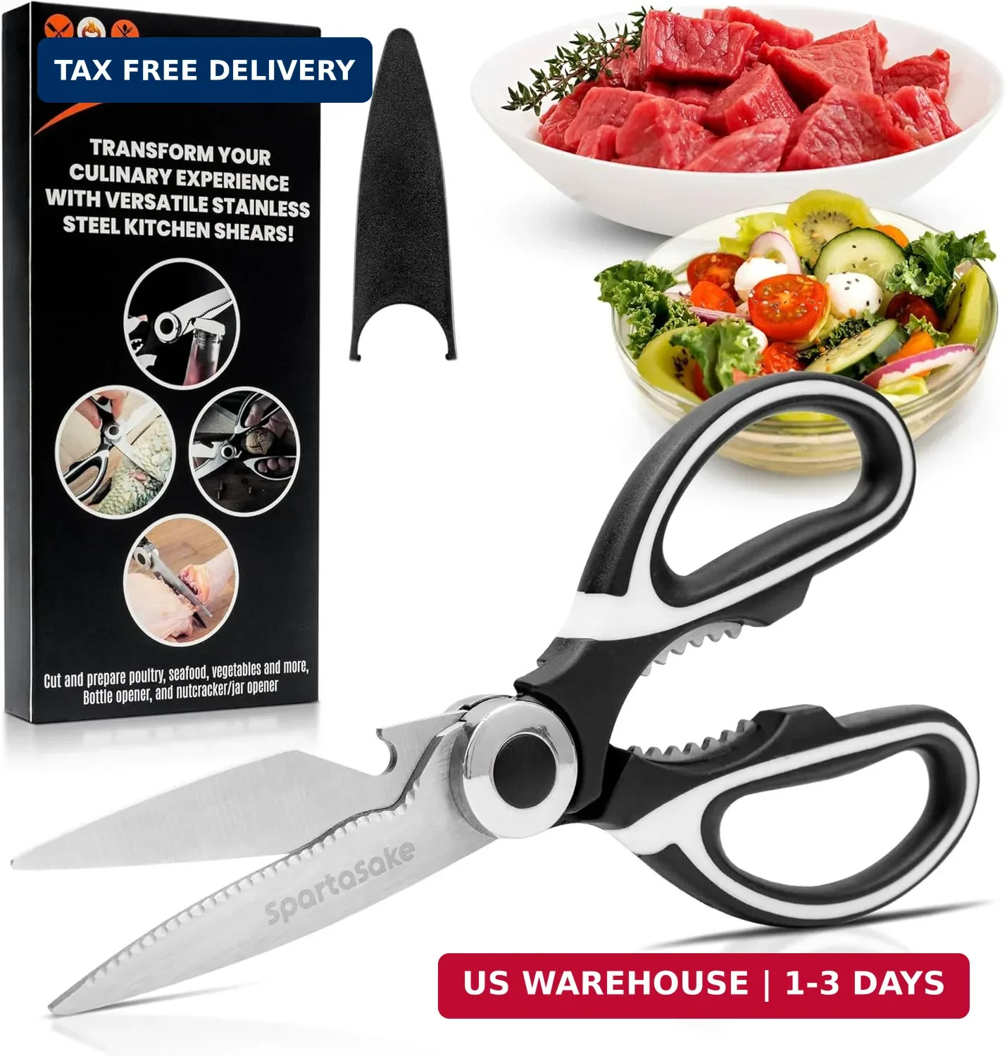 SpartaSake Premium Stainless Steel All Purpose Kitchen Shears with Sleeve - Heav